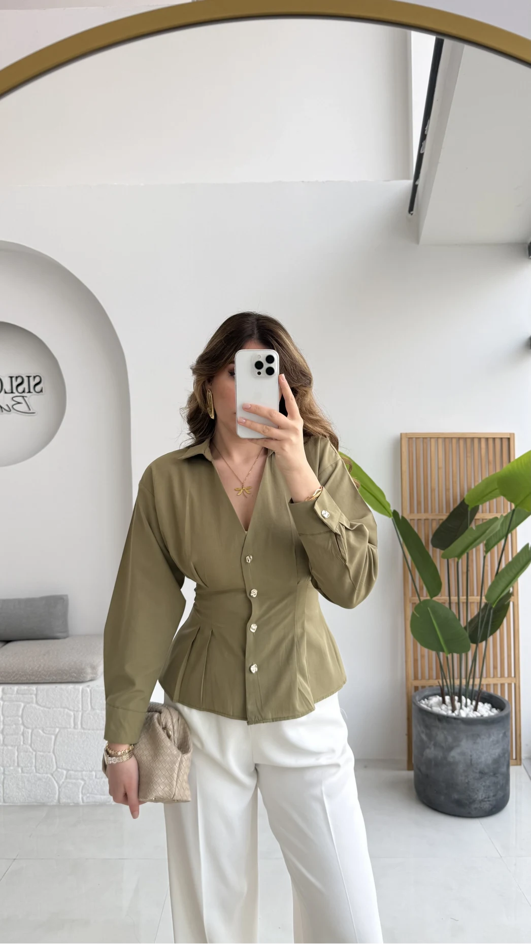 Missy Beli Pile Detay V Yaka Gömlek - Haki - Kod: 2222