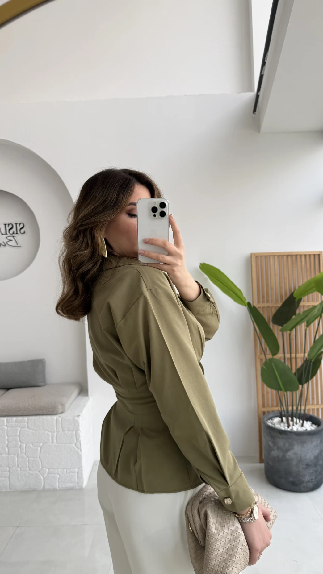 Missy Beli Pile Detay V Yaka Gömlek - Haki - Kod: 2222