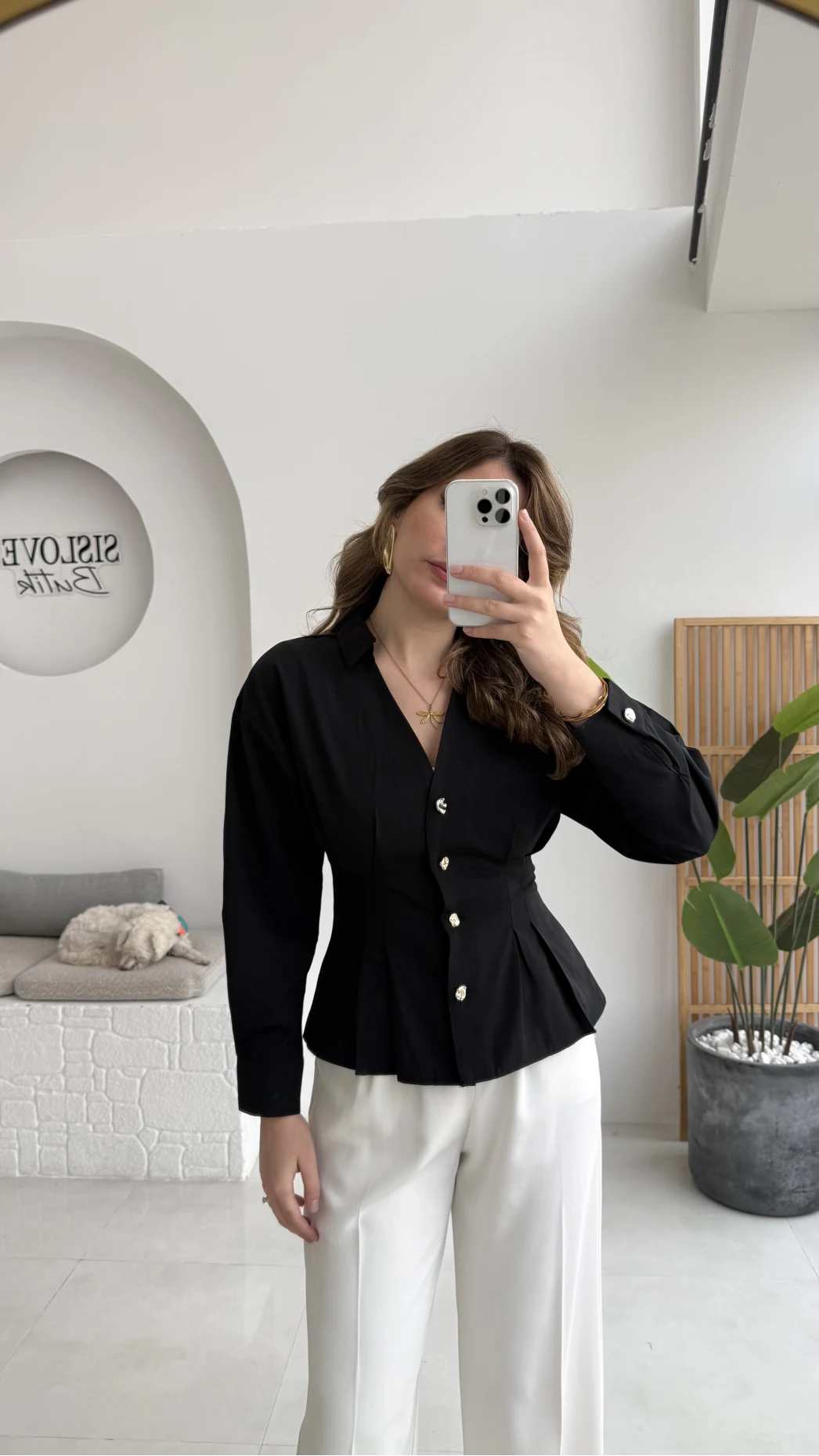 Missy Beli Pile Detay V Yaka Gömlek - Siyah - Kod: 2222