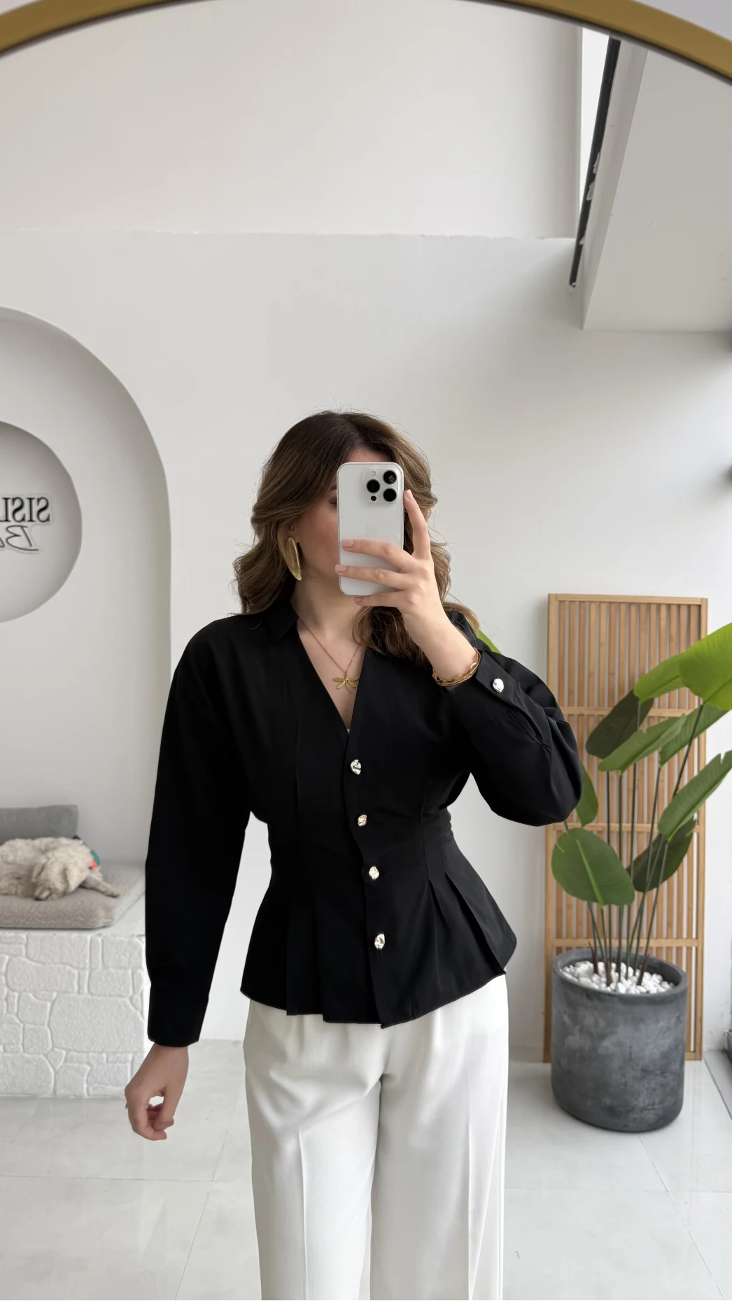 Missy Beli Pile Detay V Yaka Gömlek - Siyah - Kod: 2222