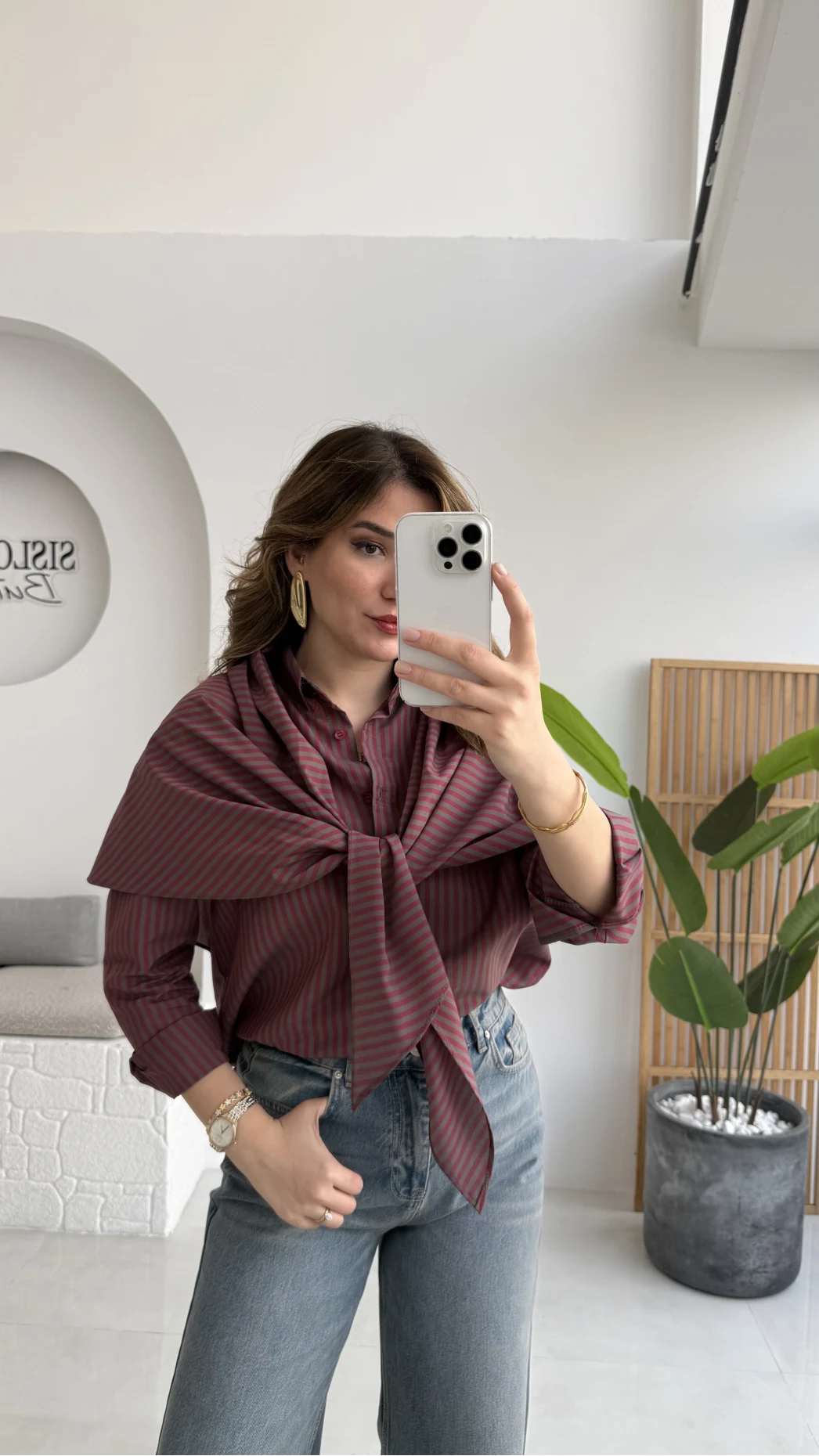 Çizgili Şallı Gömlek - Bordo-Gri - Kod: 5046