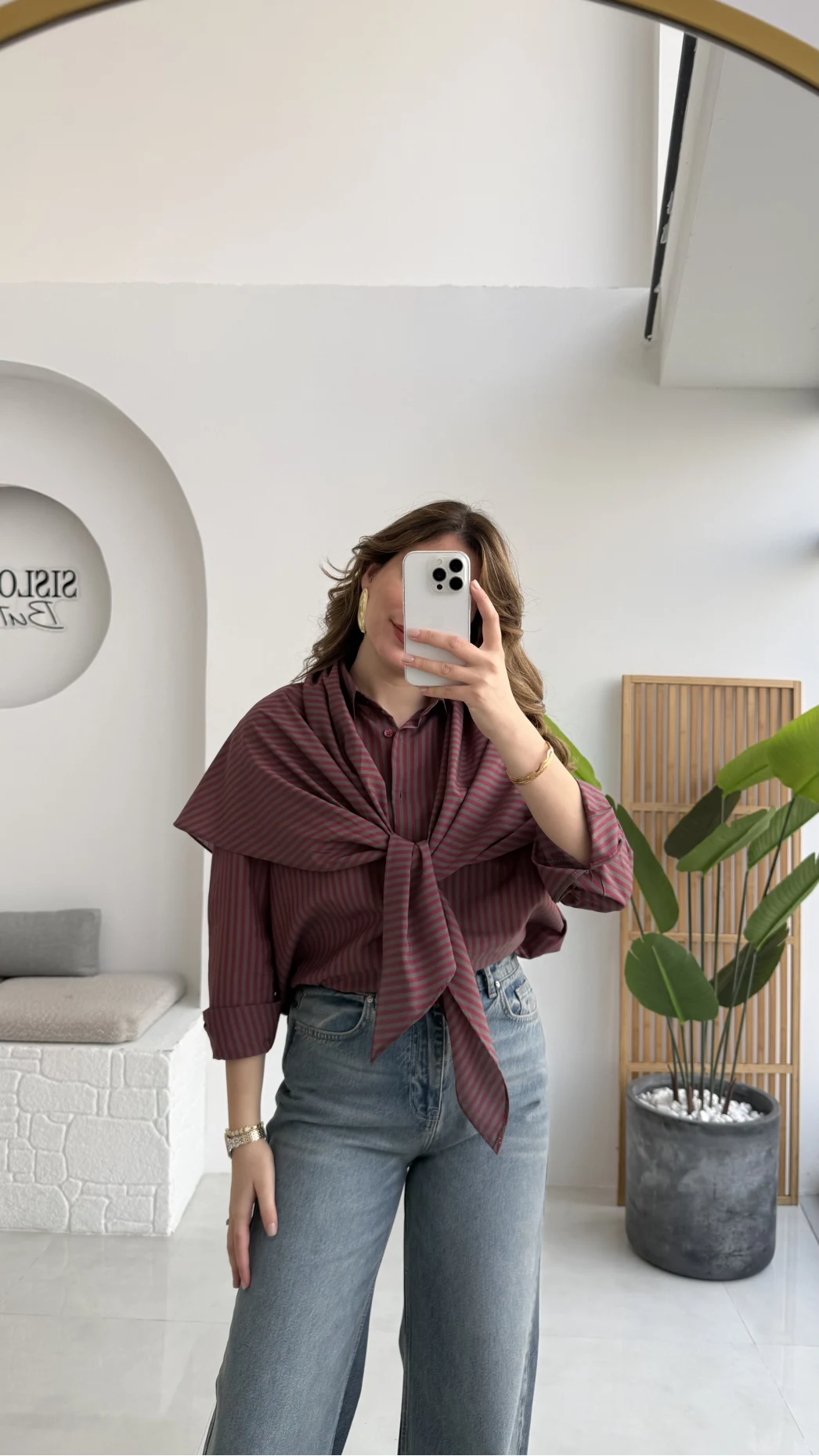 Çizgili Şallı Gömlek - Bordo-Gri - Kod: 5046