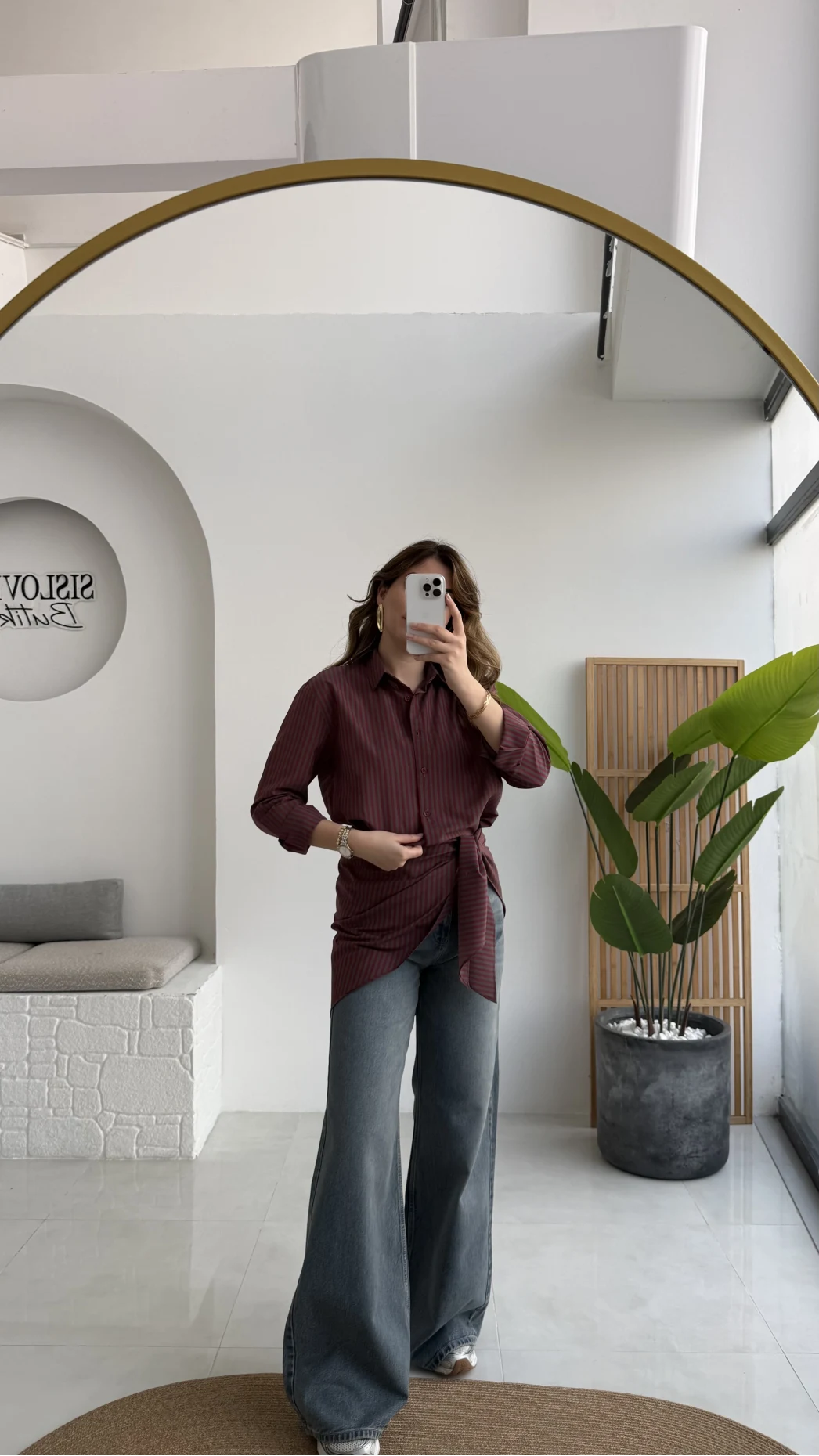 Çizgili Şallı Gömlek - Bordo-Gri - Kod: 5046