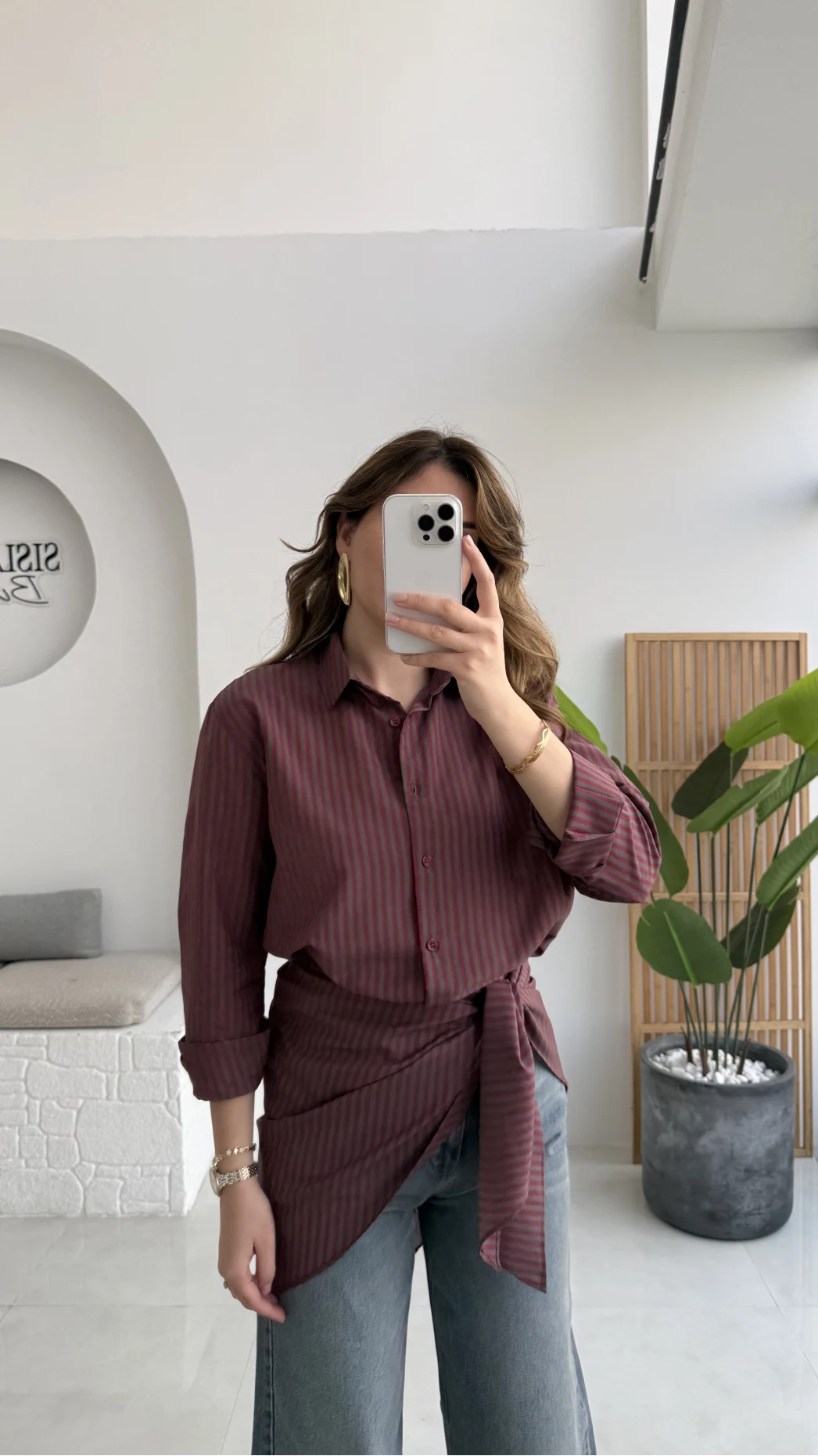 Çizgili Şallı Gömlek - Bordo-Gri - Kod: 5046