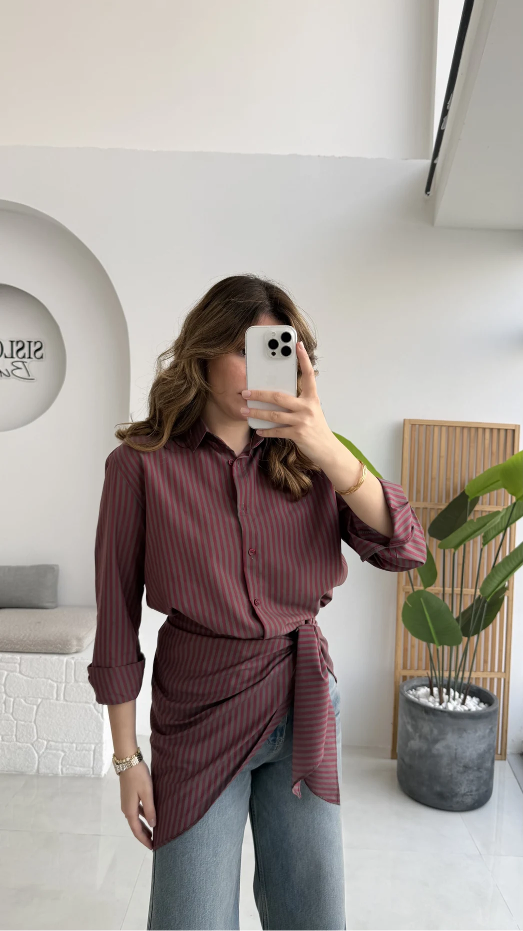 Çizgili Şallı Gömlek - Bordo-Gri - Kod: 5046