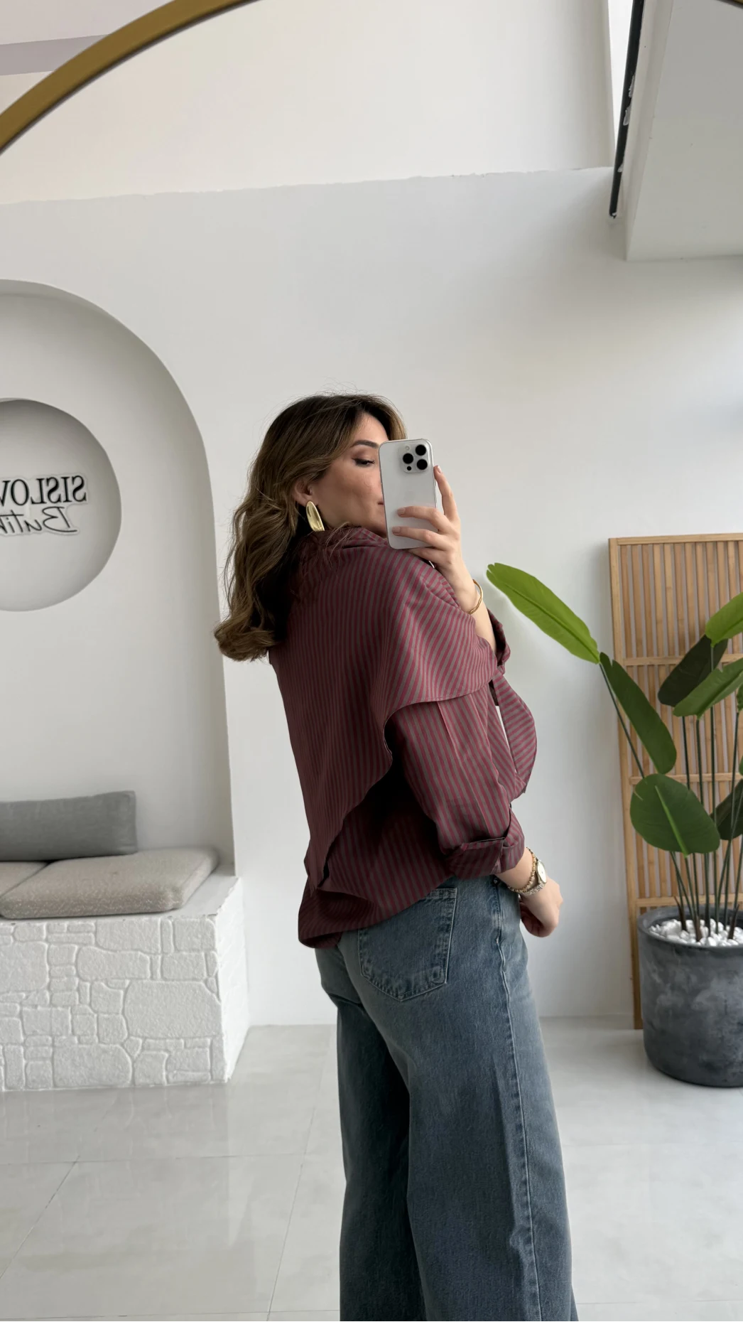 Çizgili Şallı Gömlek - Bordo-Gri - Kod: 5046