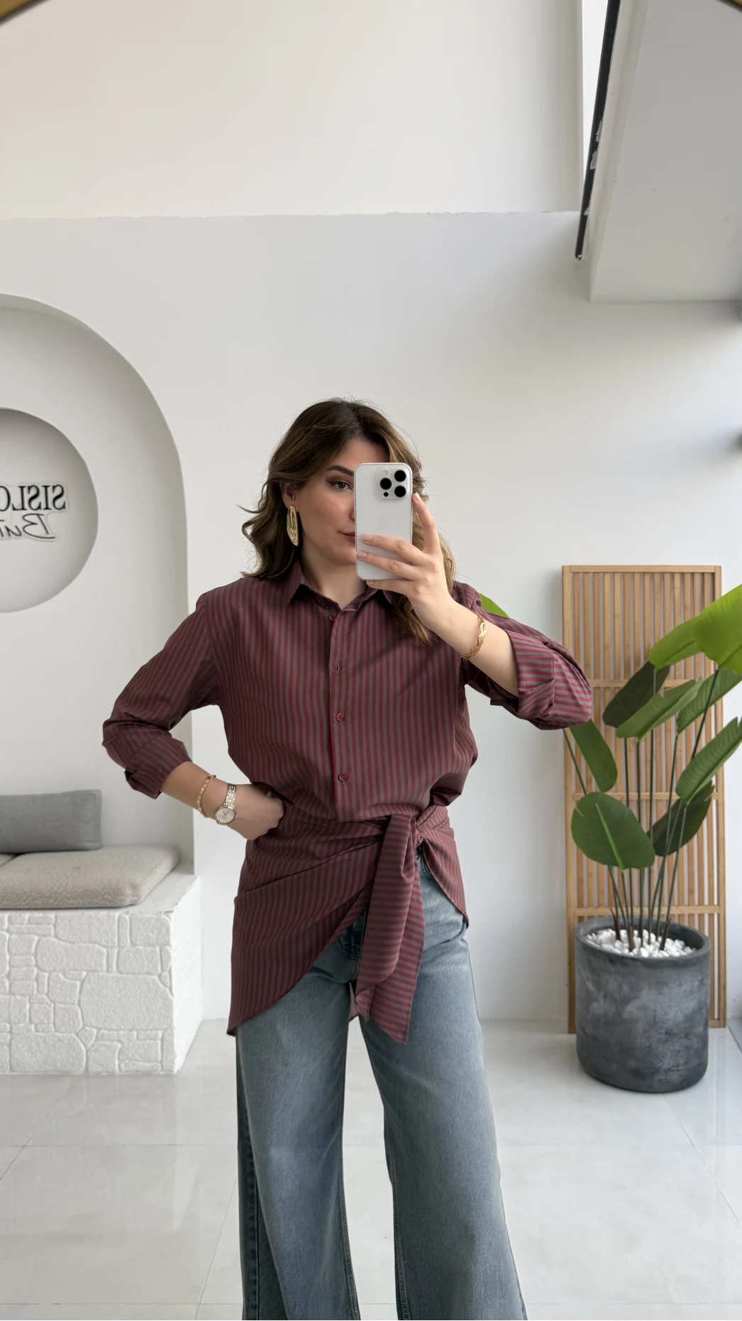 Çizgili Şallı Gömlek - Bordo-Gri - Kod: 5046