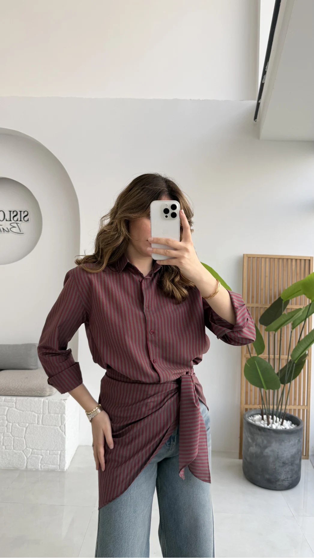 Çizgili Şallı Gömlek - Bordo-Gri - Kod: 5046