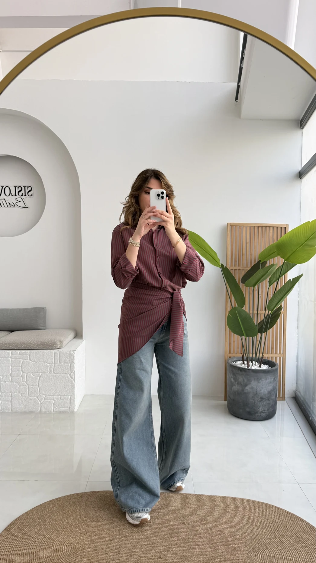 Çizgili Şallı Gömlek - Bordo-Gri - Kod: 5046