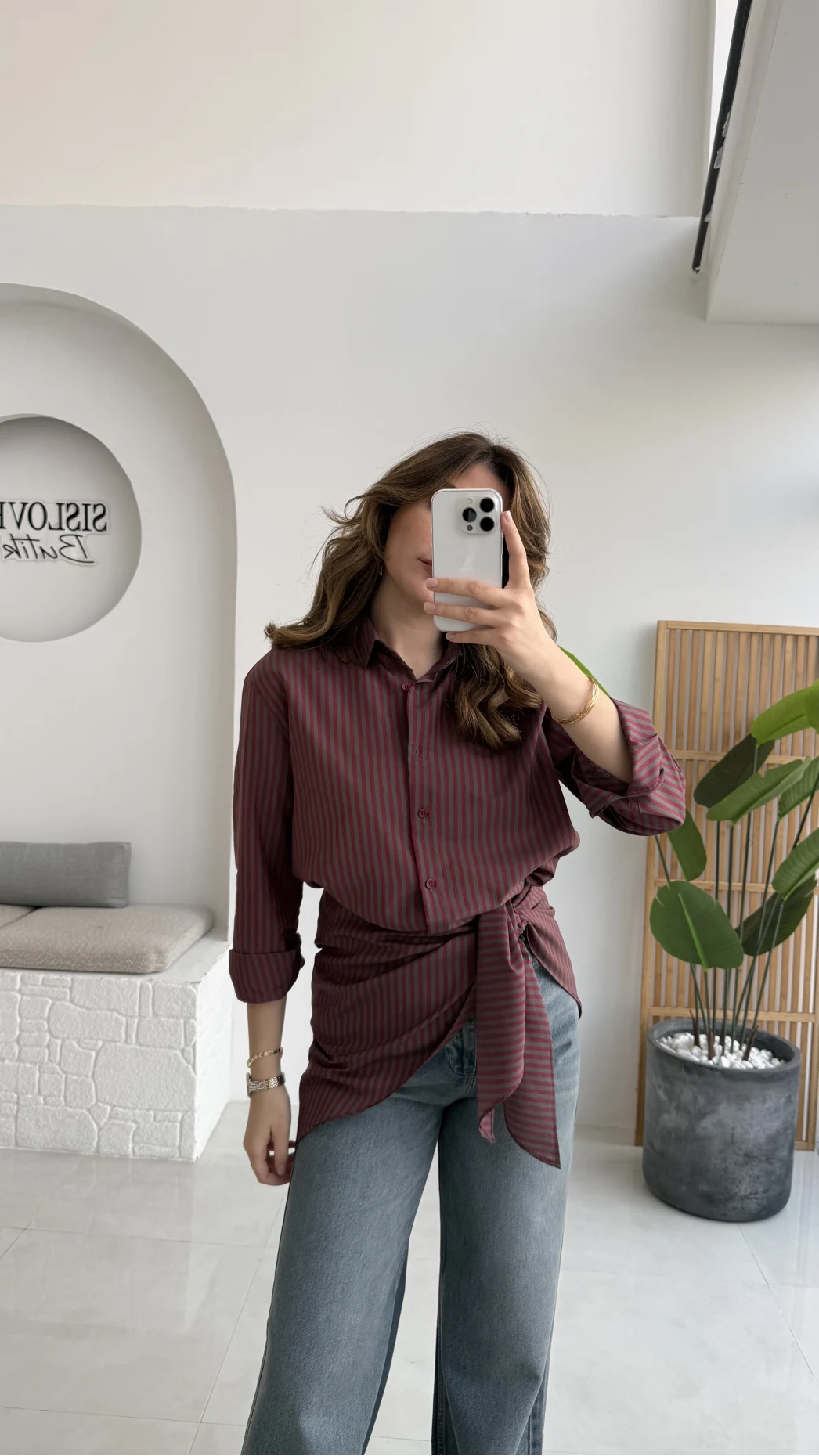 Çizgili Şallı Gömlek - Bordo-Gri - Kod: 5046