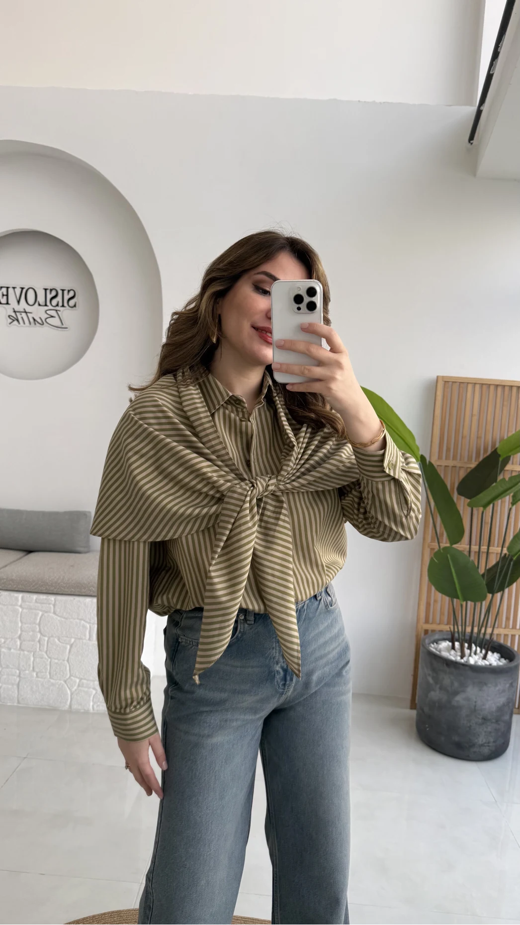 Çizgili Şallı Gömlek - Haki-Bej - Kod: 5046