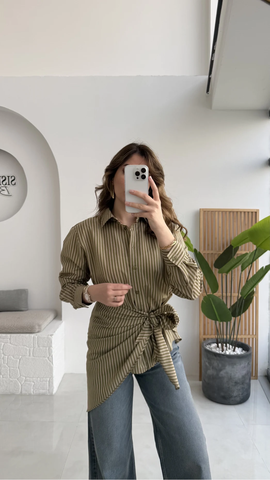 Çizgili Şallı Gömlek - Haki-Bej - Kod: 5046