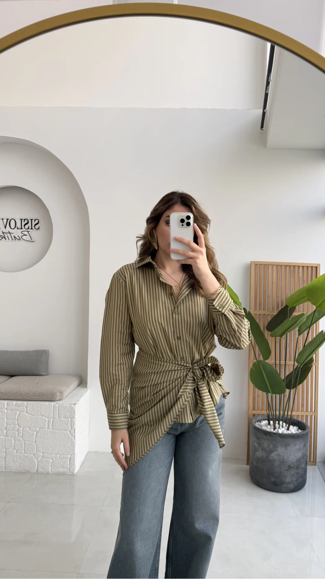 Çizgili Şallı Gömlek - Haki-Bej - Kod: 5046