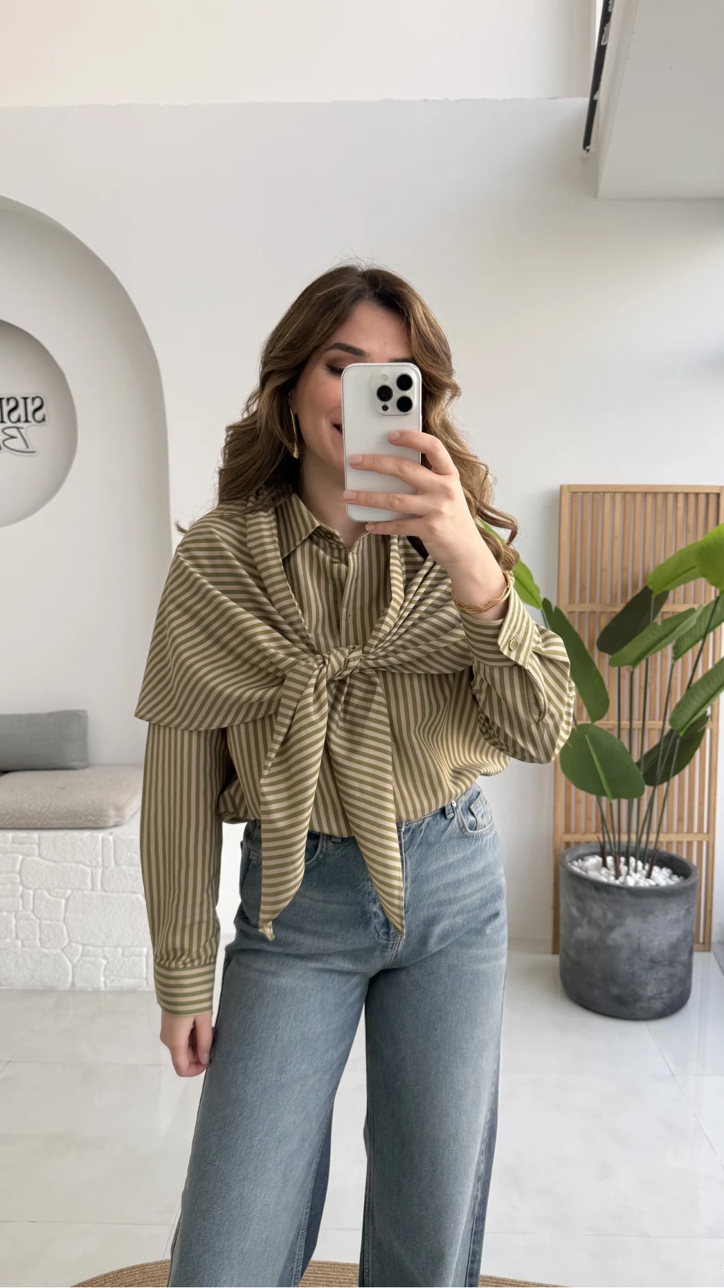 Çizgili Şallı Gömlek - Haki-Bej - Kod: 5046