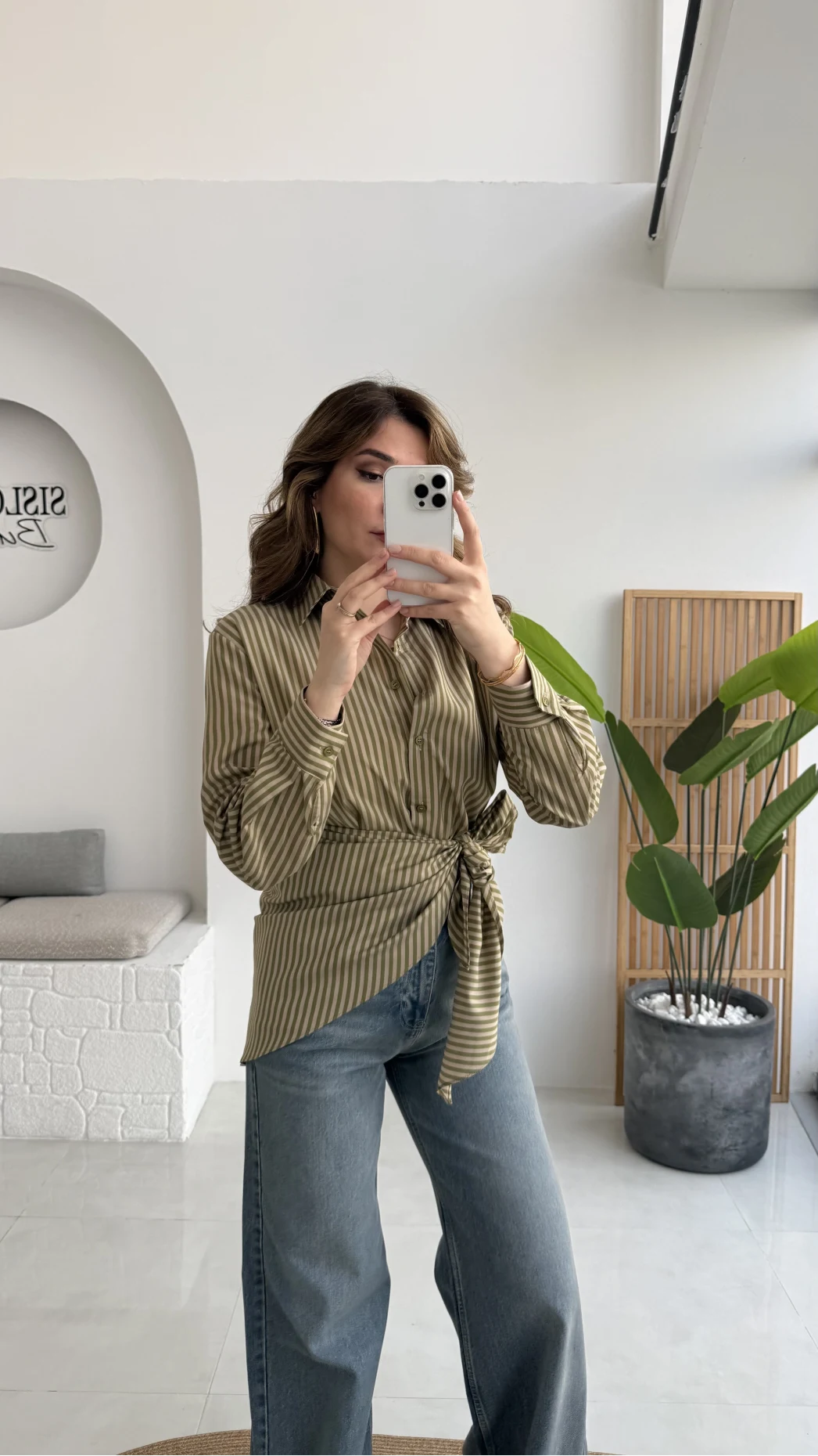 Çizgili Şallı Gömlek - Haki-Bej - Kod: 5046