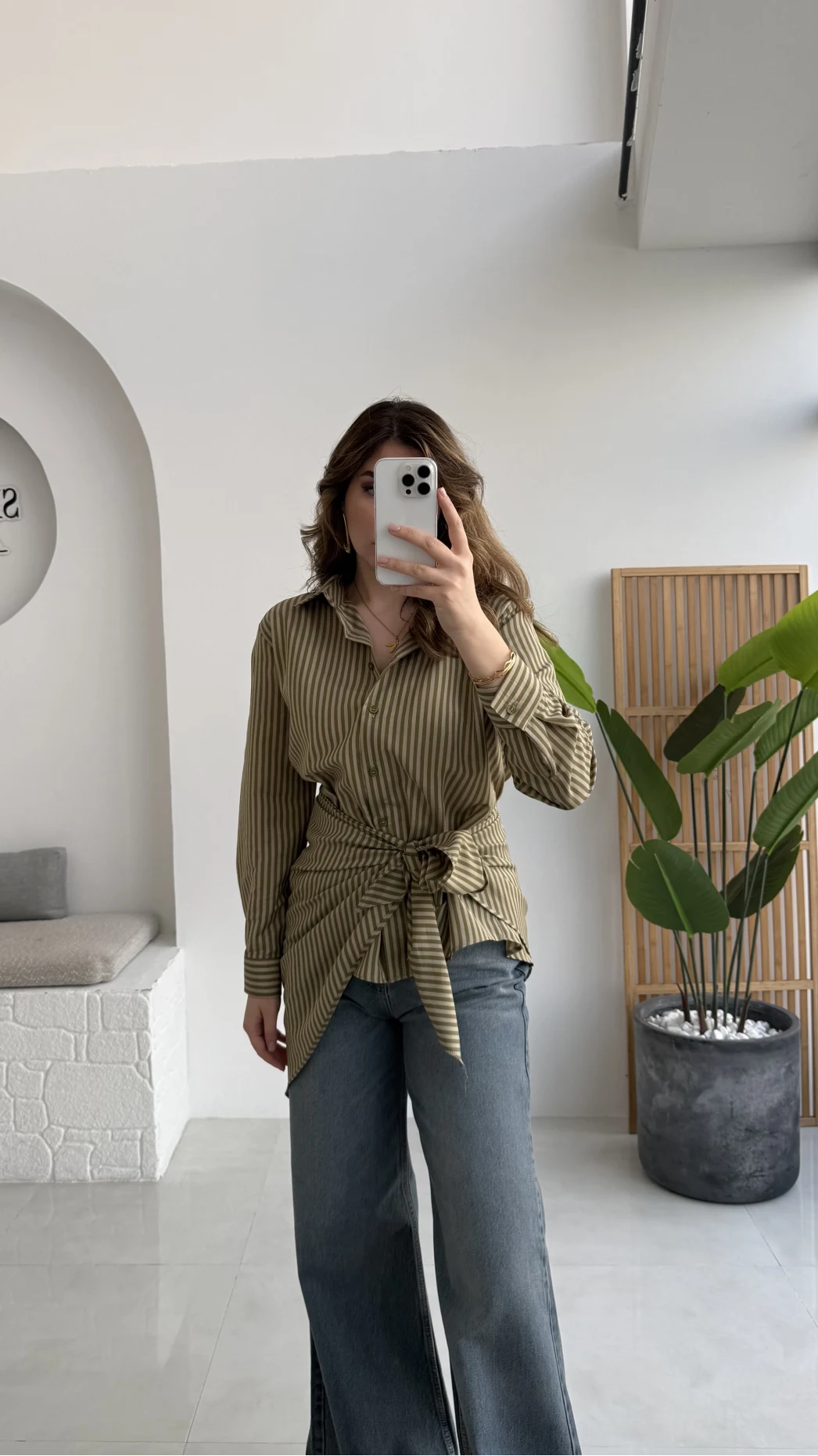 Çizgili Şallı Gömlek - Haki-Bej - Kod: 5046