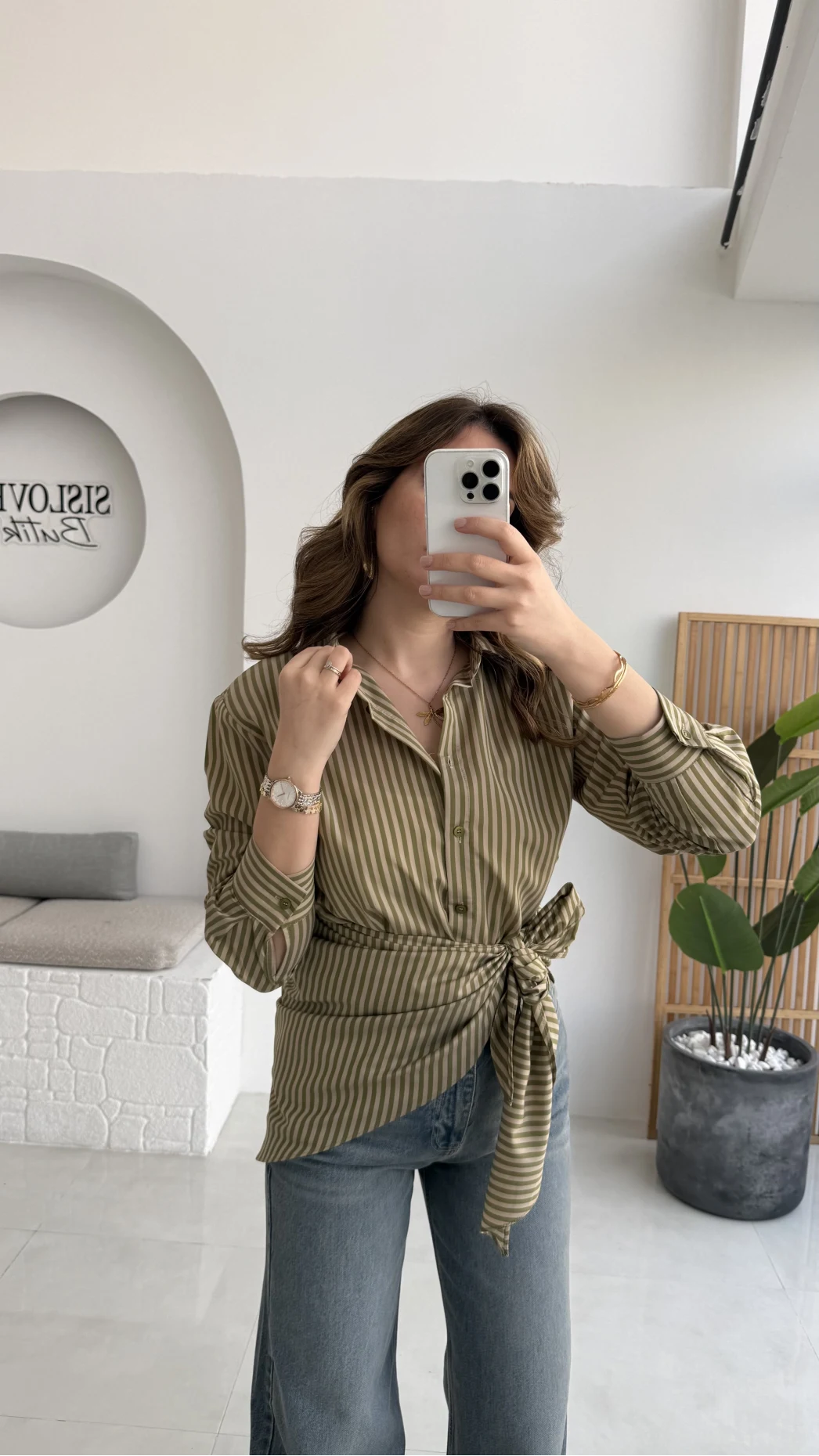 Çizgili Şallı Gömlek - Haki-Bej - Kod: 5046