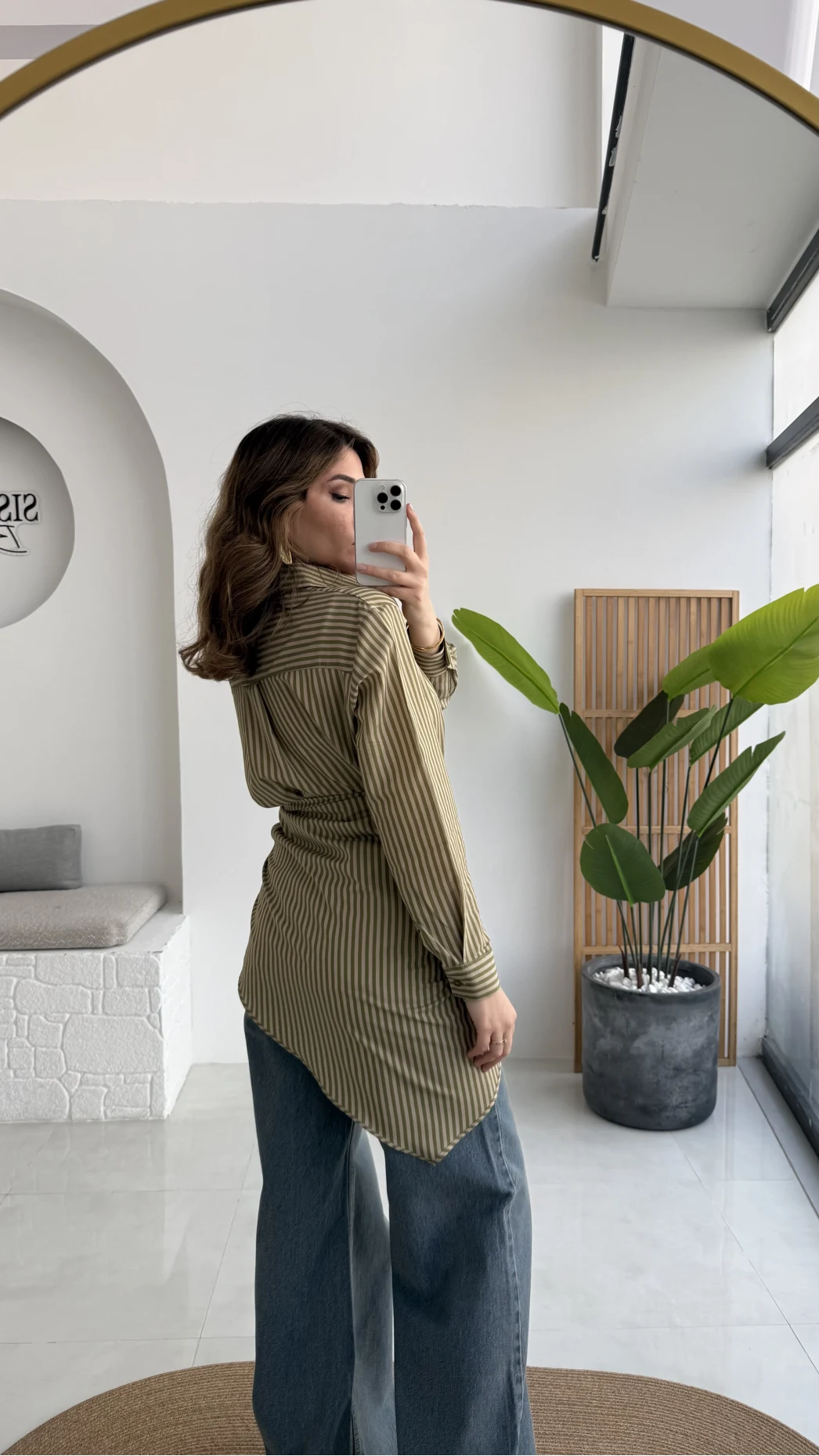 Çizgili Şallı Gömlek - Haki-Bej - Kod: 5046