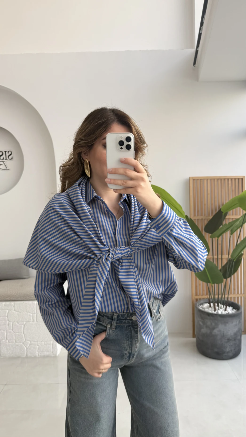 Çizgili Şallı Gömlek - Gri-Mavi - Kod: 5046