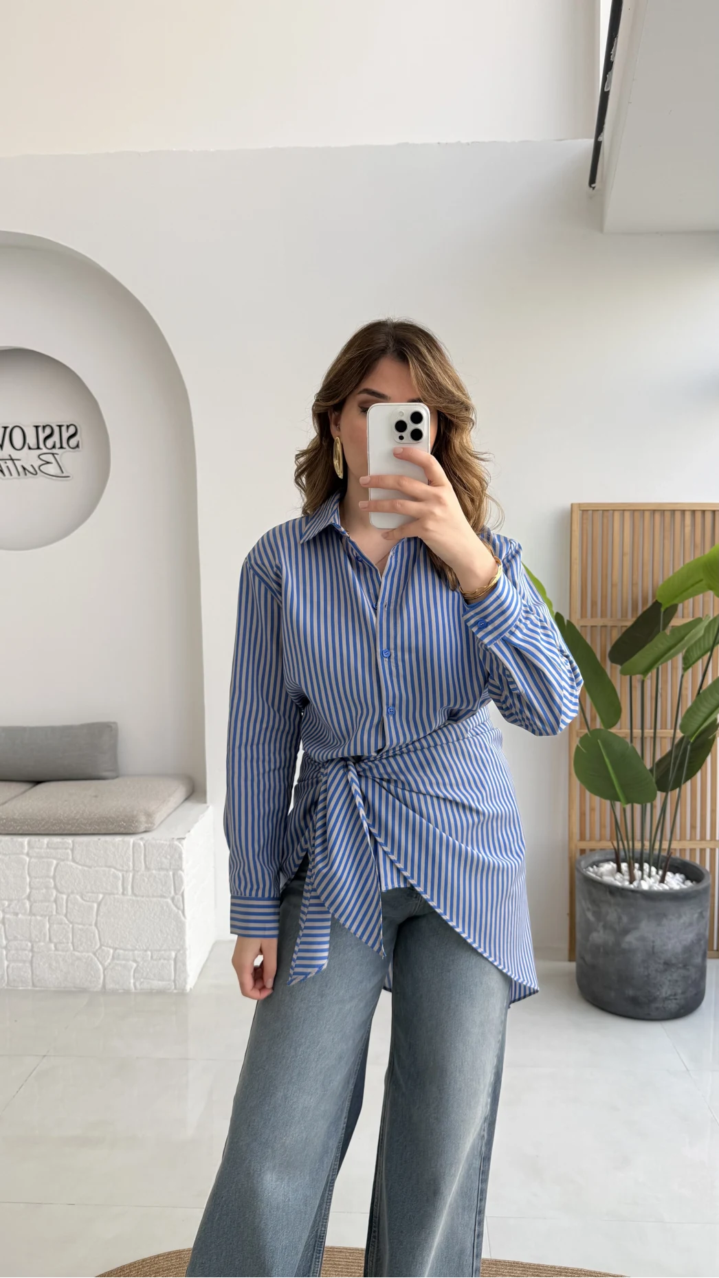 Çizgili Şallı Gömlek - Gri-Mavi - Kod: 5046