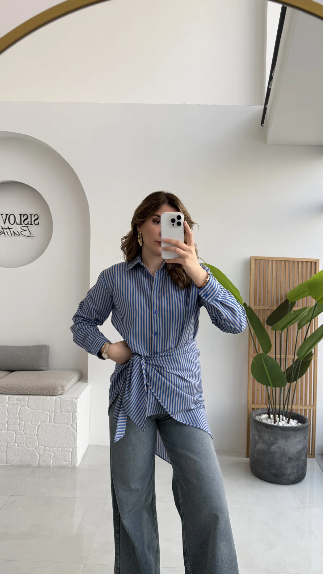 Çizgili Şallı Gömlek - Gri-Mavi - Kod: 5046