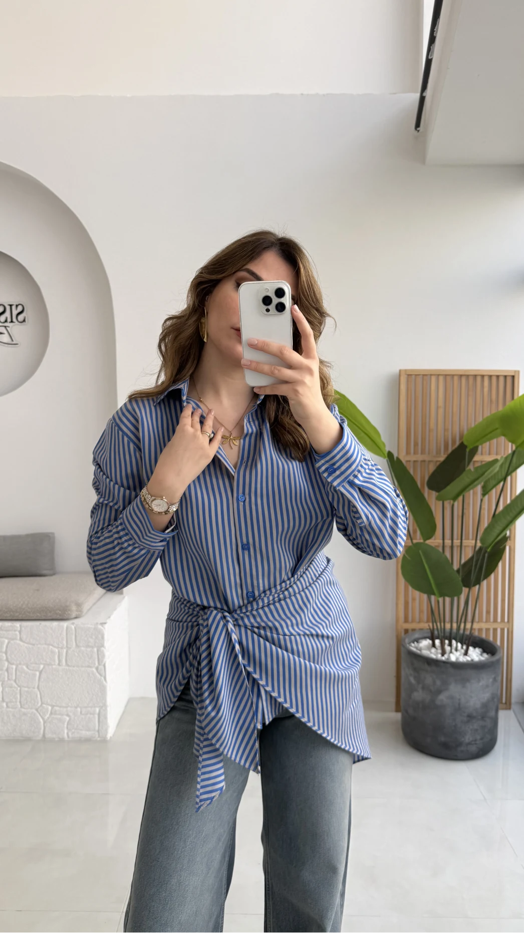 Çizgili Şallı Gömlek - Gri-Mavi - Kod: 5046