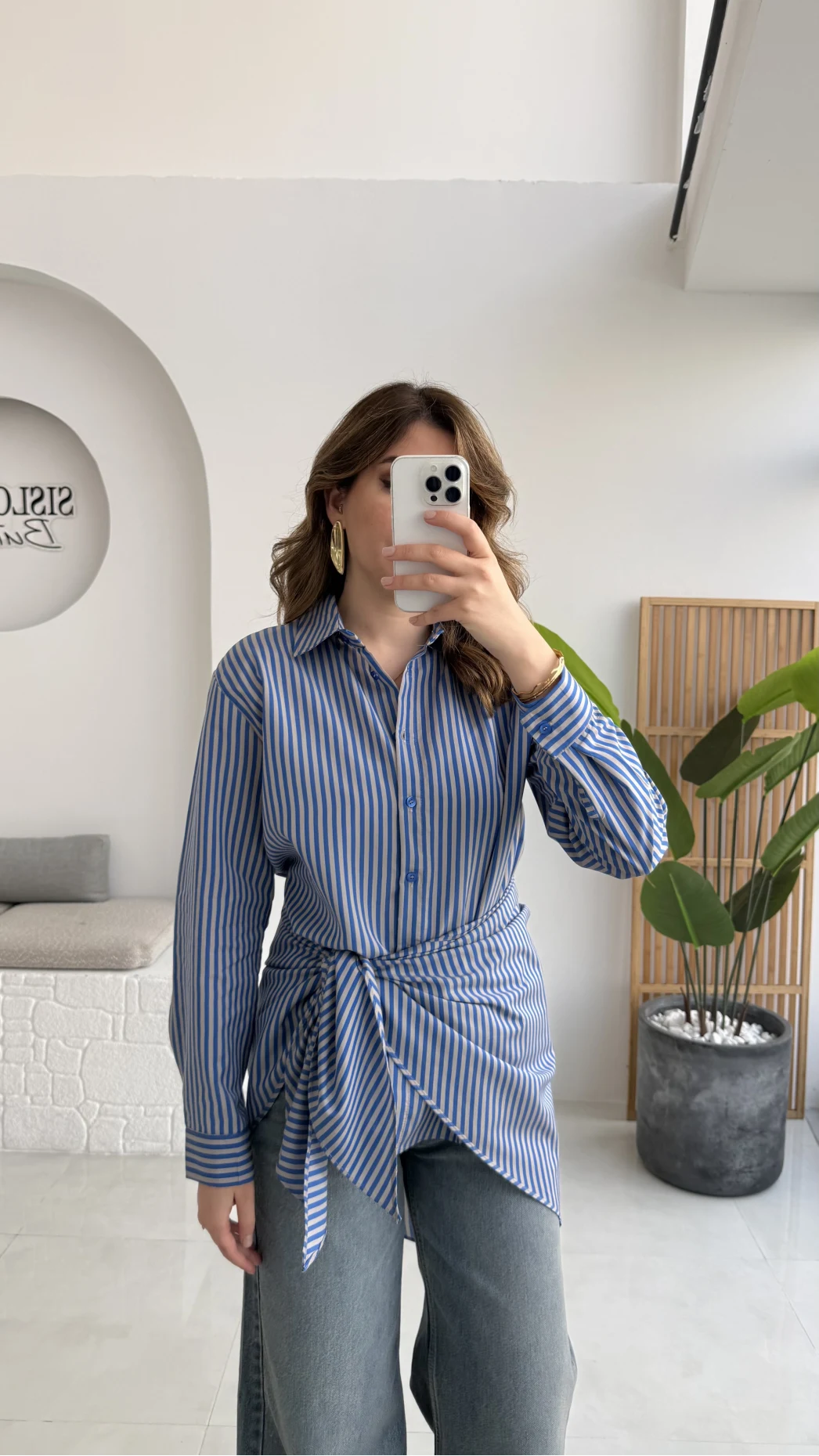 Çizgili Şallı Gömlek - Gri-Mavi - Kod: 5046