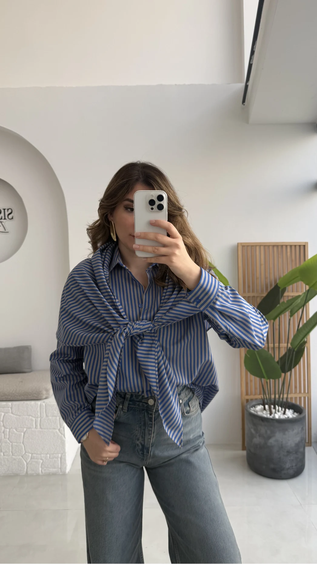 Çizgili Şallı Gömlek - Gri-Mavi - Kod: 5046