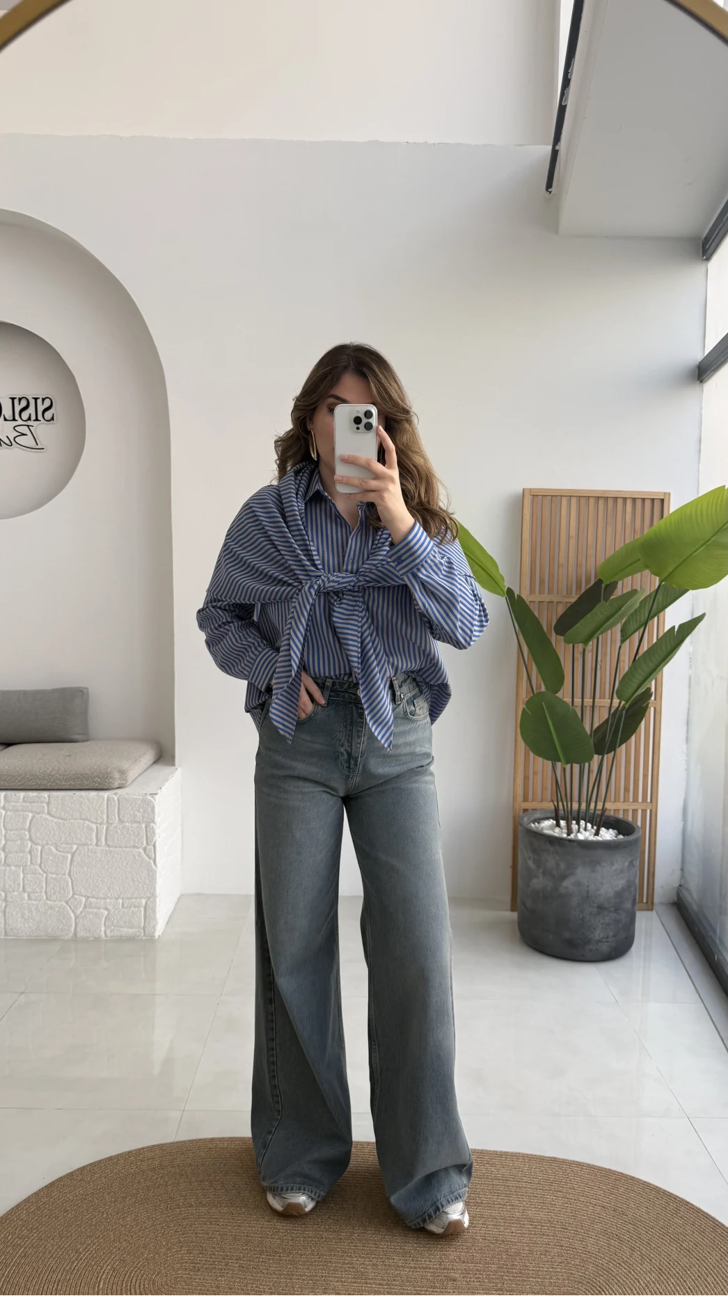 Çizgili Şallı Gömlek - Gri-Mavi - Kod: 5046