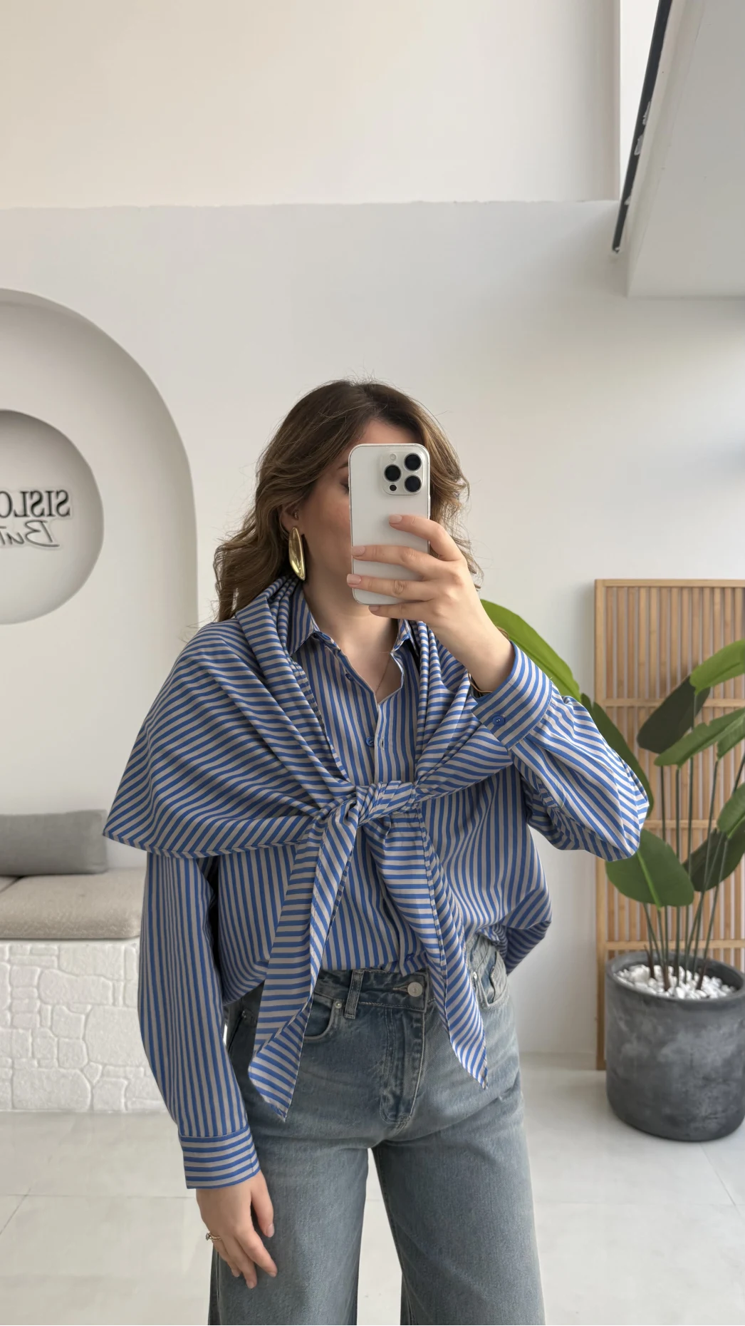 Çizgili Şallı Gömlek - Gri-Mavi - Kod: 5046