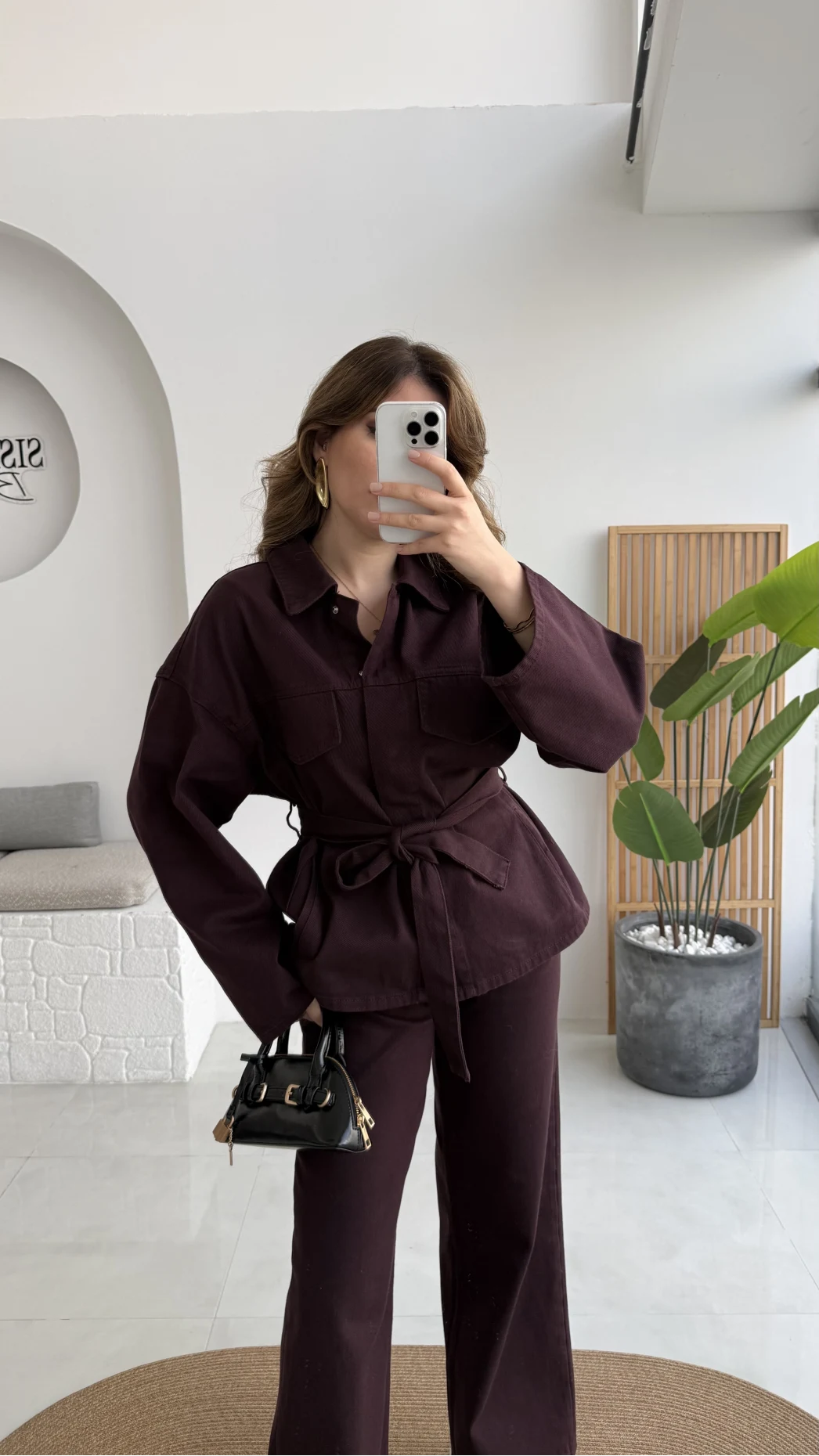 Nancy Kuşaklı Kot Gabardin Takım - Mürdüm - Kod: 6001