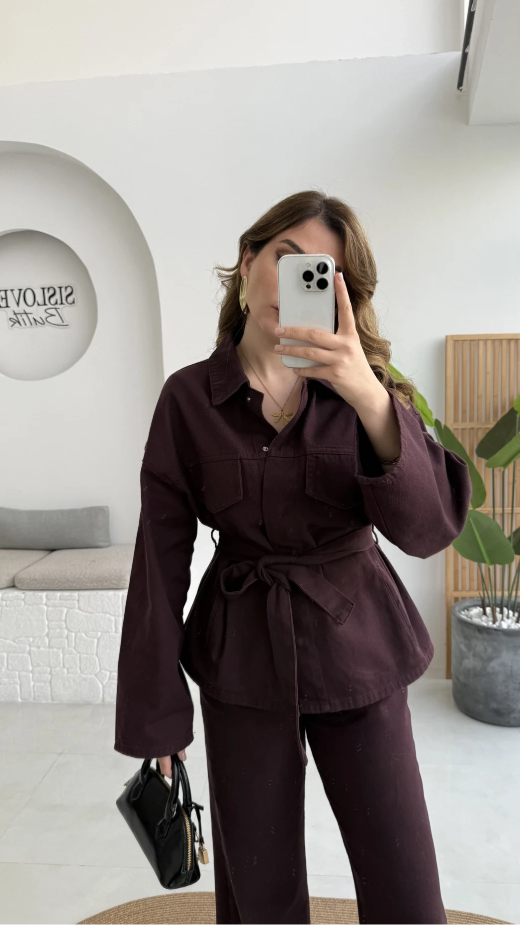 Nancy Kuşaklı Kot Gabardin Takım - Mürdüm - Kod: 6001