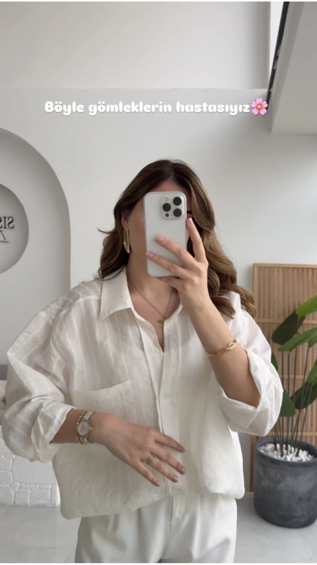 Tensel V Yaka Çizgili Gömlek - Beyaz - Kod: 4758