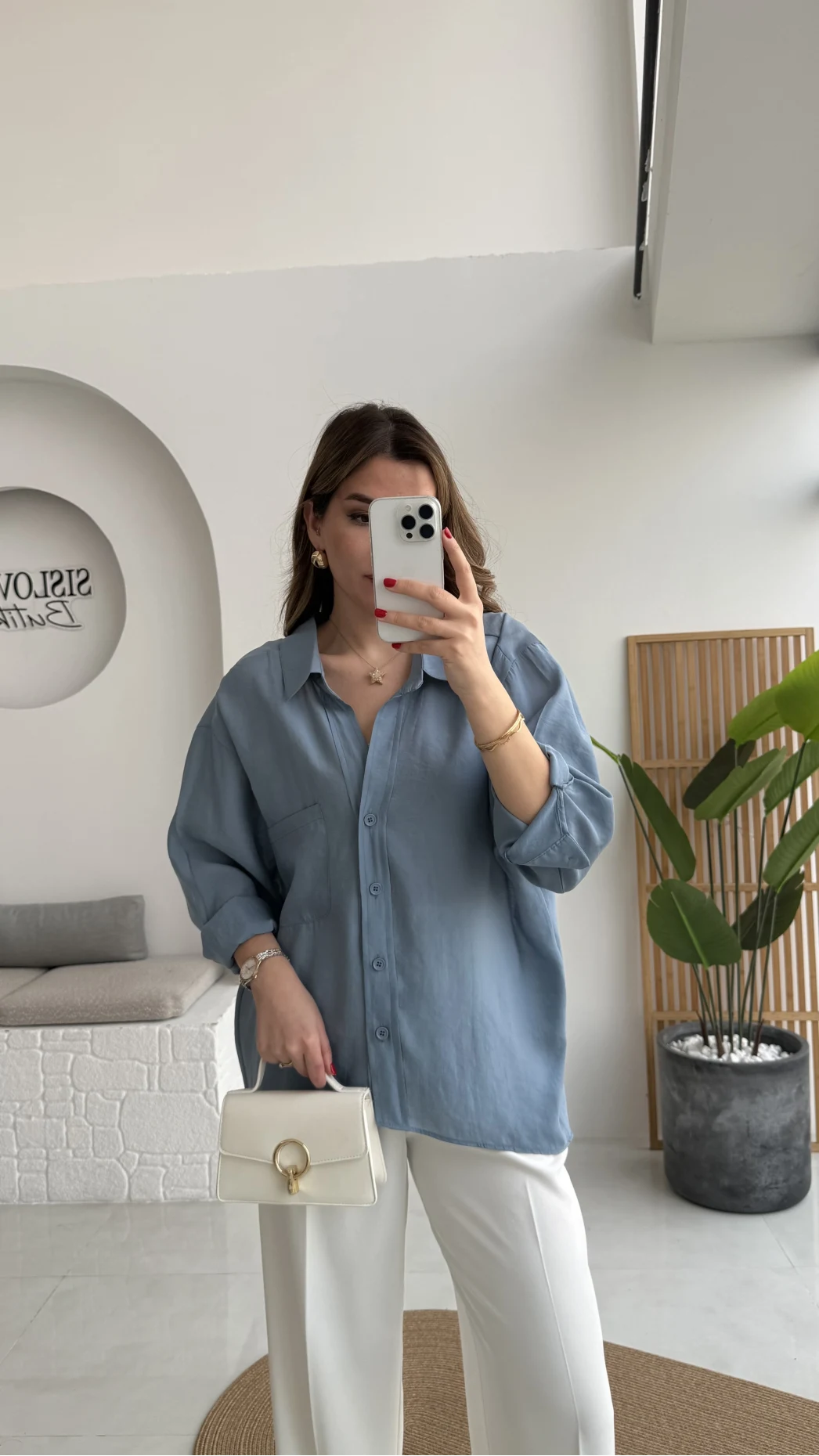 İndigo Mavi Oversize Tensel Gömlek Kod: 4612