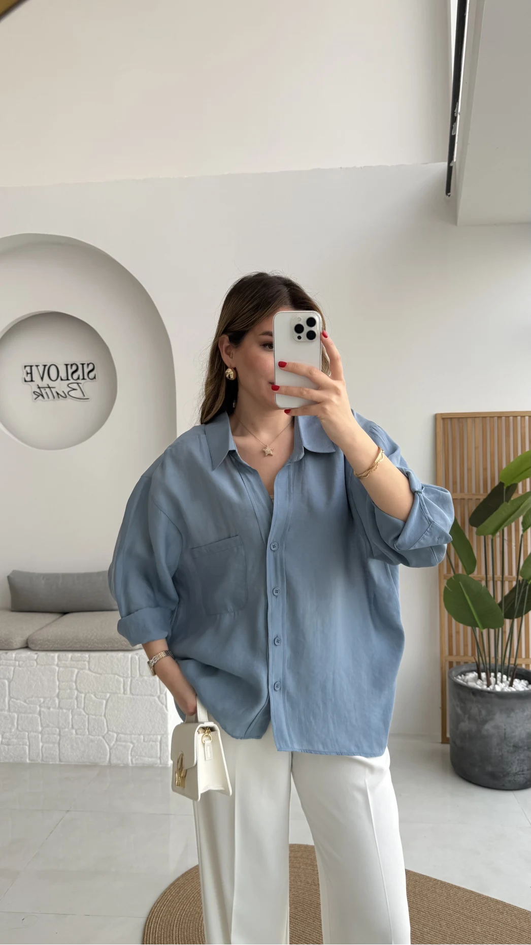 İndigo Mavi Oversize Tensel Gömlek Kod: 4612