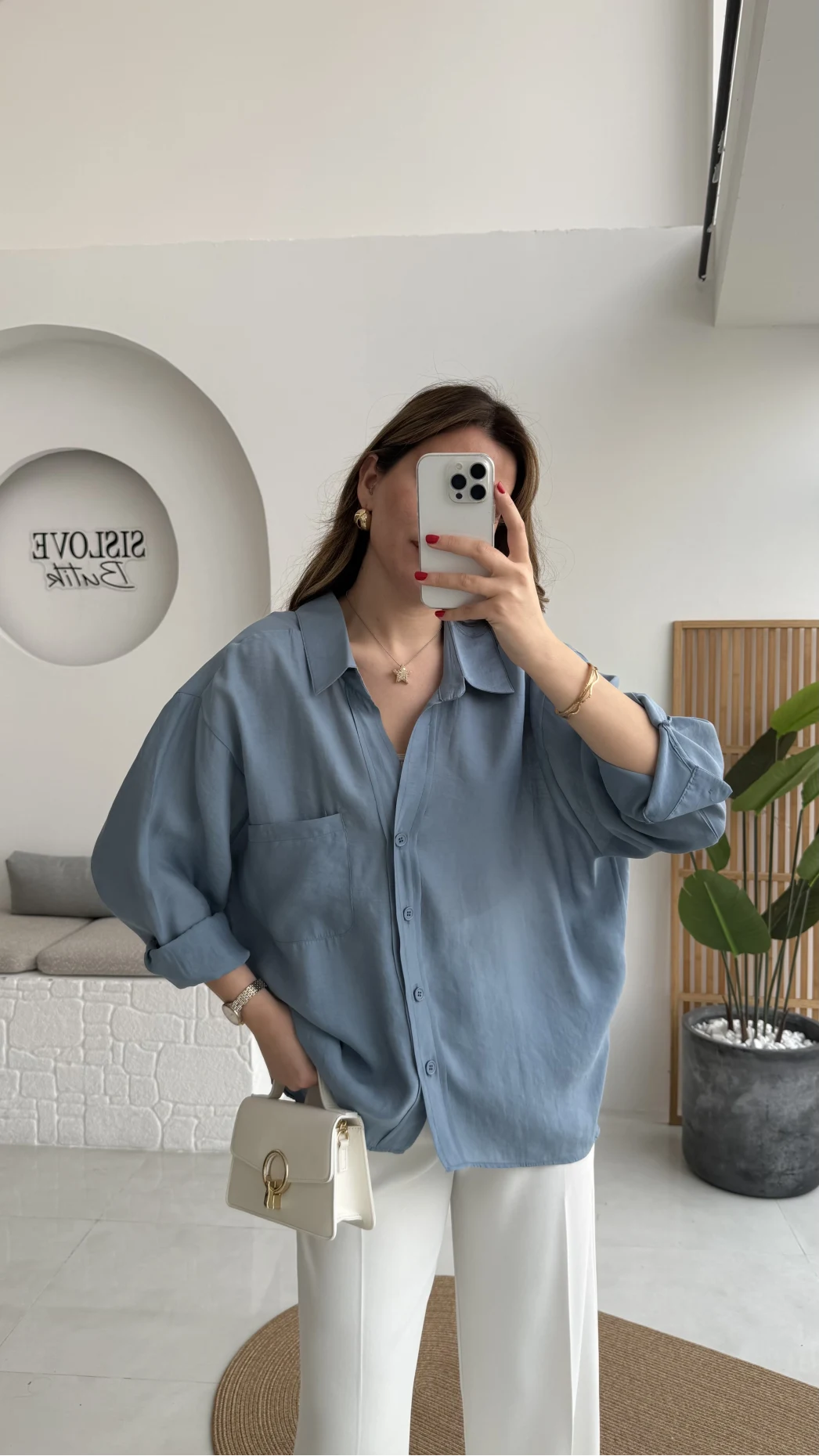 İndigo Mavi Oversize Tensel Gömlek Kod: 4612