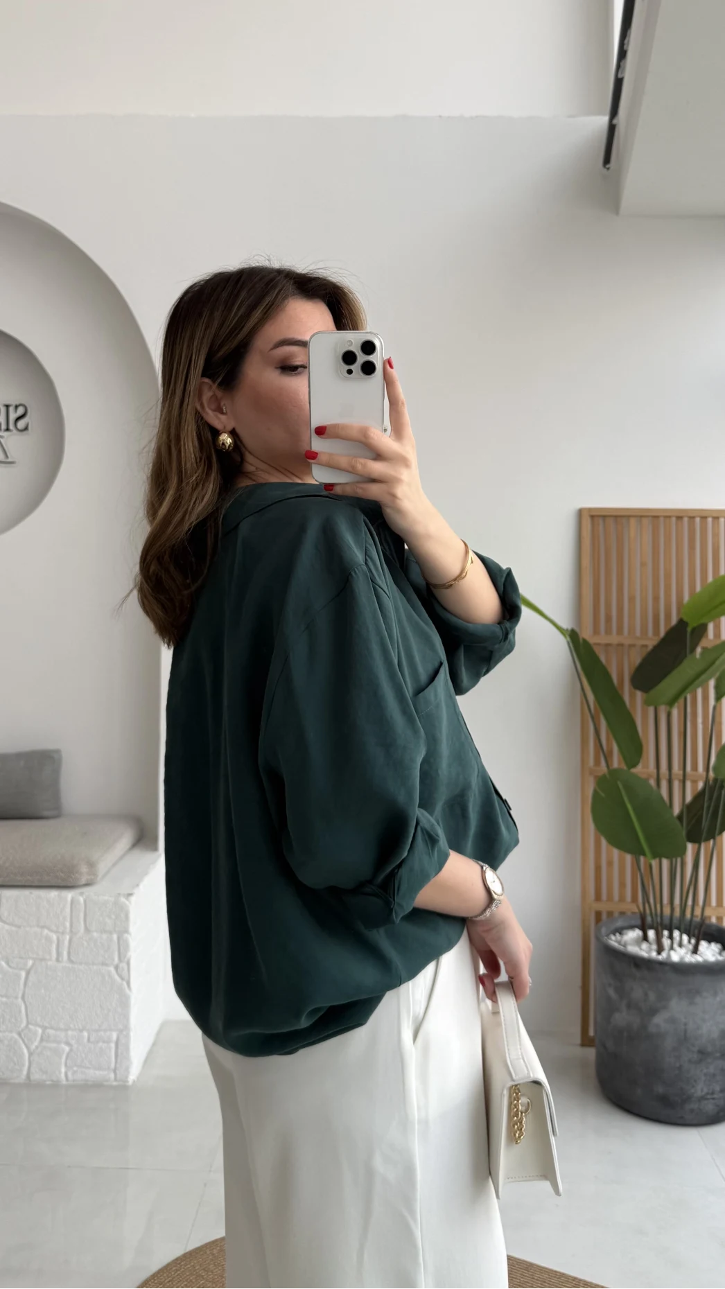 Zümrüt Yeşili Oversize Tensel Gömlek Kod: 4612