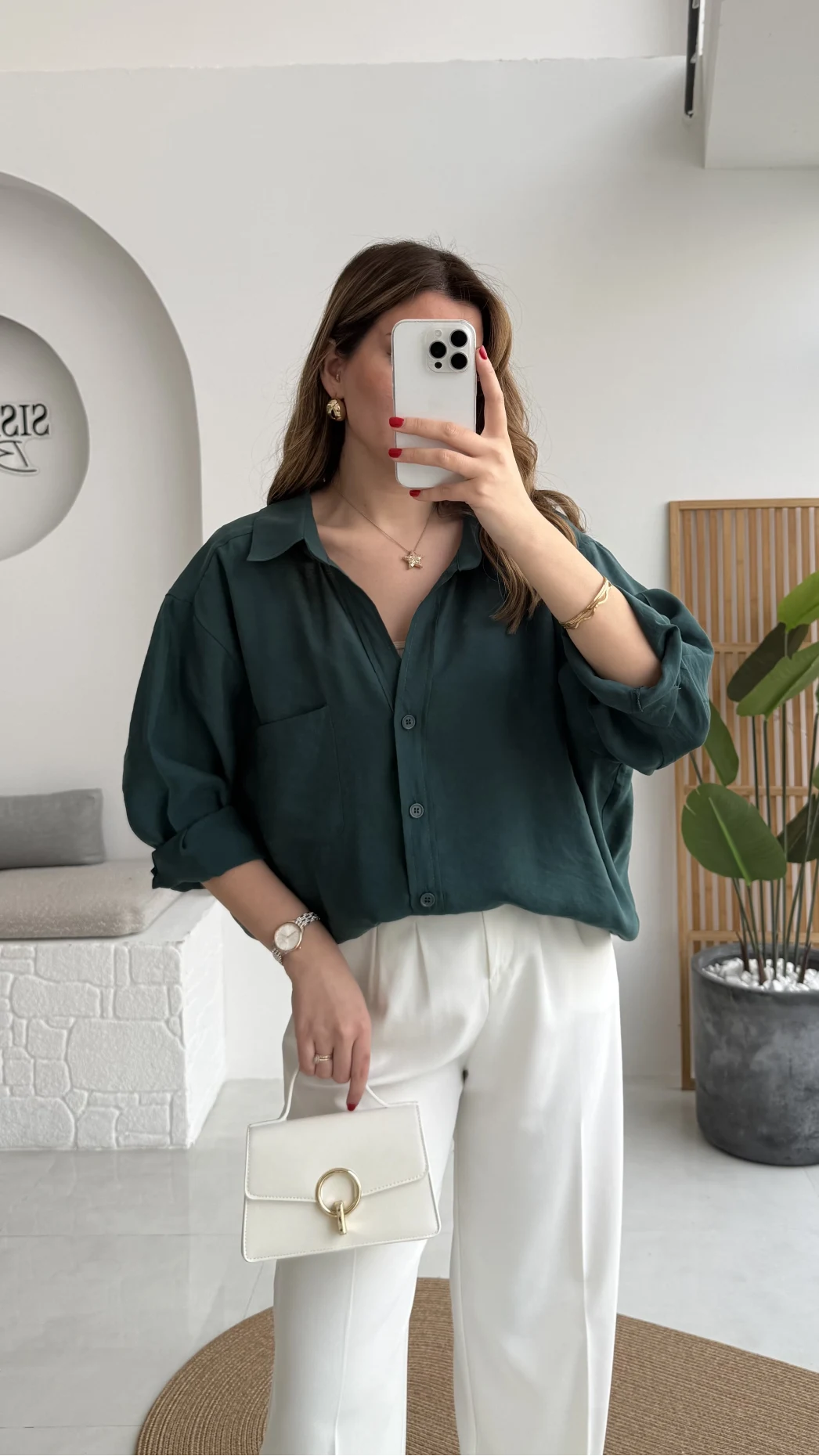 Zümrüt Yeşili Oversize Tensel Gömlek Kod: 4612