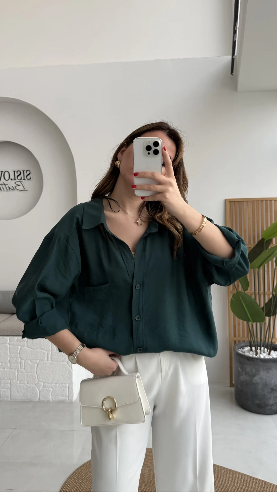 Zümrüt Yeşili Oversize Tensel Gömlek Kod: 4612