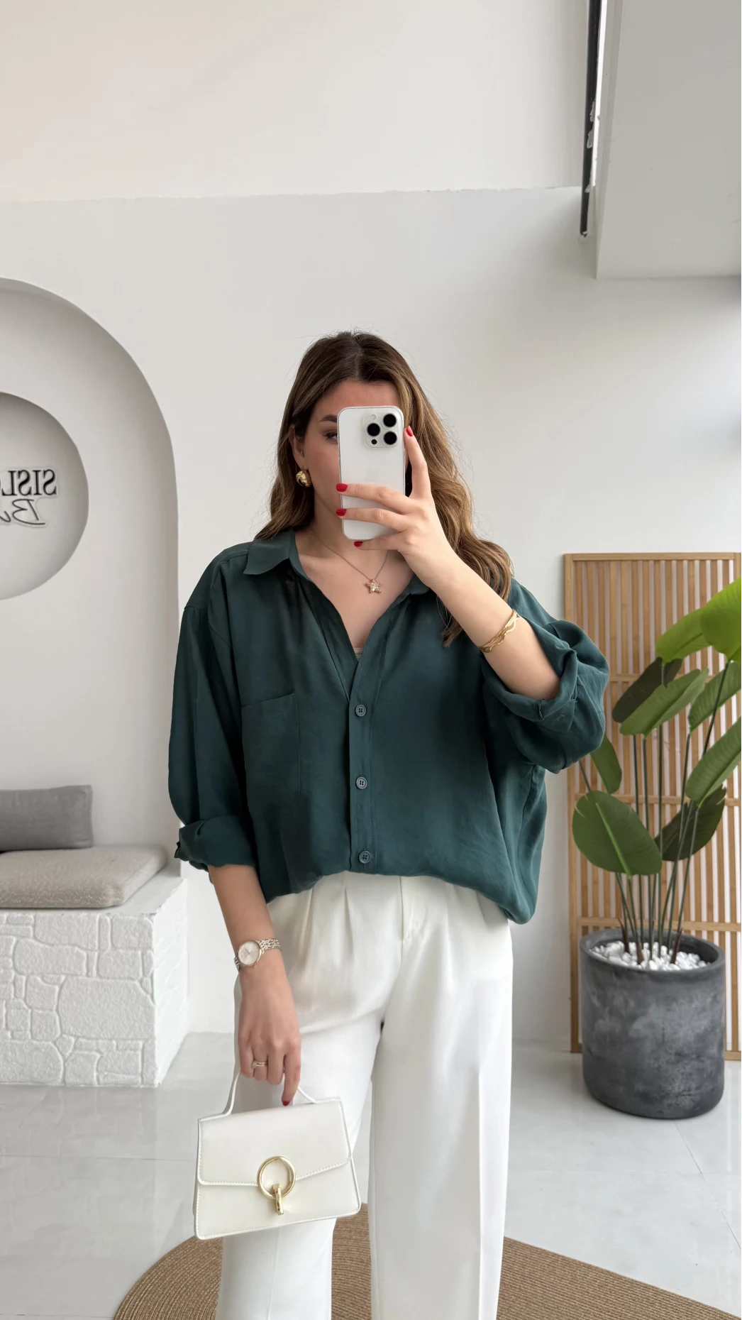 Zümrüt Yeşili Oversize Tensel Gömlek Kod: 4612