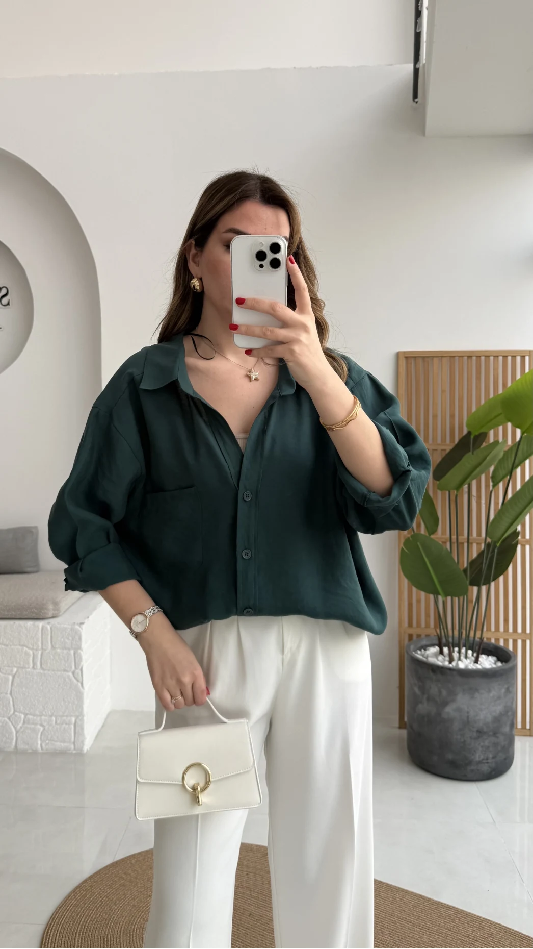 Zümrüt Yeşili Oversize Tensel Gömlek Kod: 4612