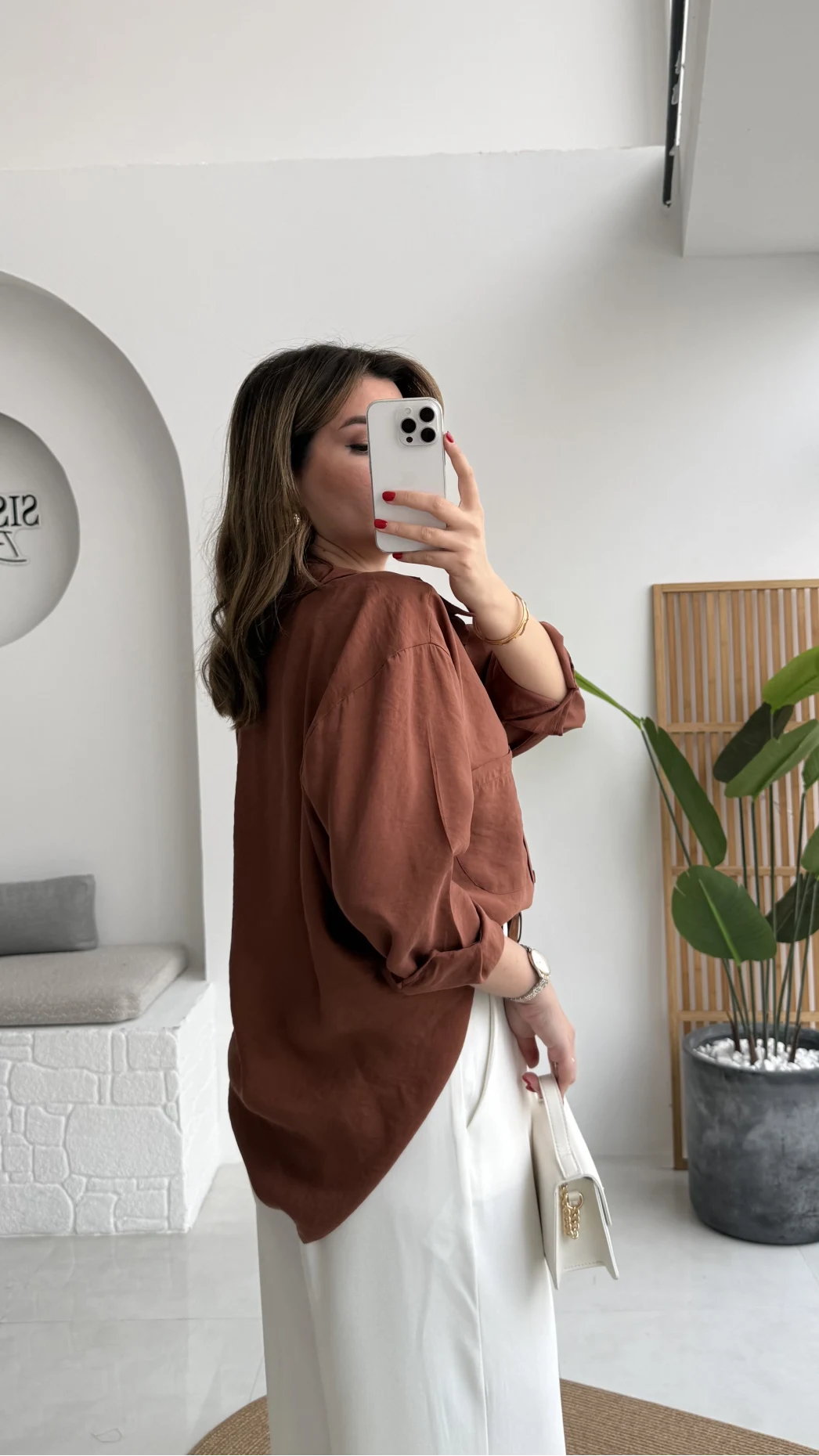 Kızıl Kahve Oversize Tensel Gömlek - Kod: 4612