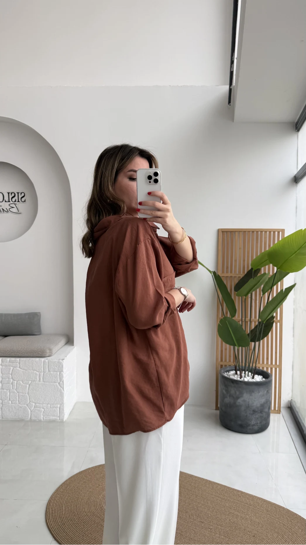 Kızıl Kahve Oversize Tensel Gömlek - Kod: 4612