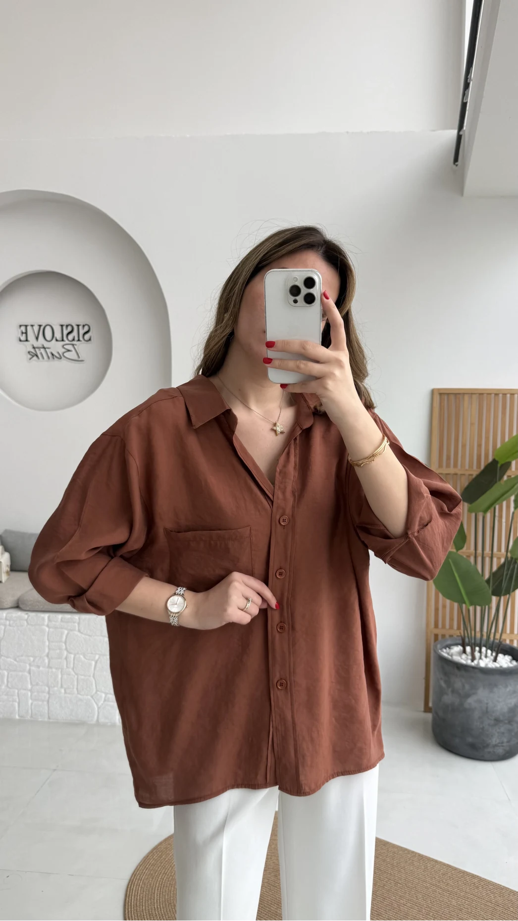 Kızıl Kahve Oversize Tensel Gömlek - Kod: 4612