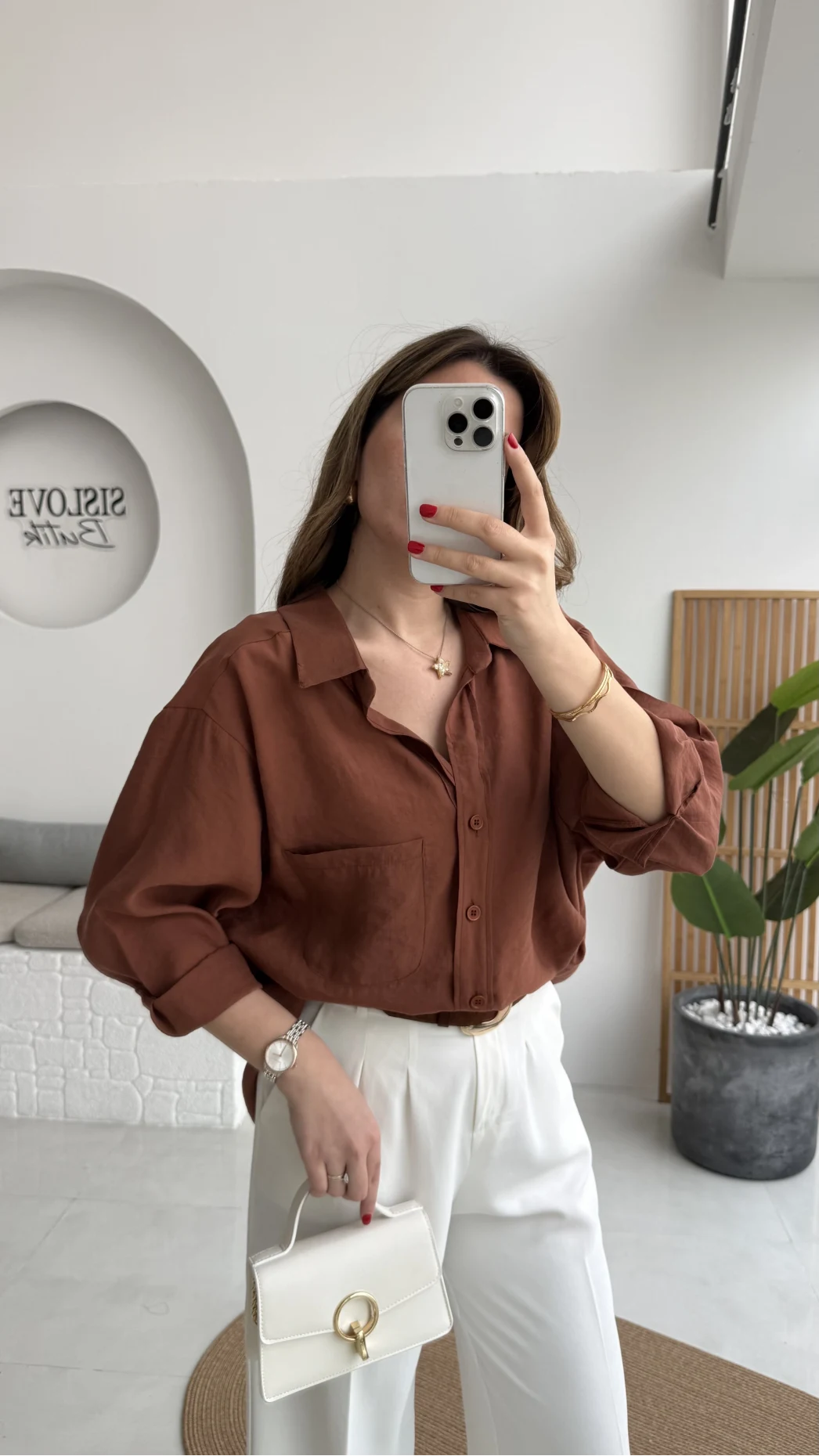 Kızıl Kahve Oversize Tensel Gömlek - Kod: 4612