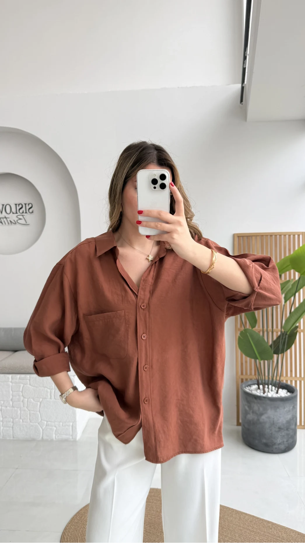 Kızıl Kahve Oversize Tensel Gömlek - Kod: 4612