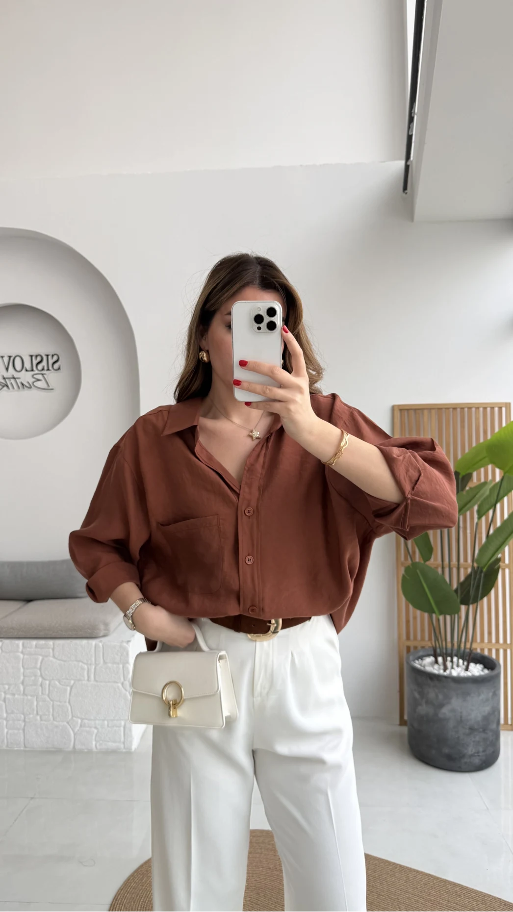 Kızıl Kahve Oversize Tensel Gömlek - Kod: 4612