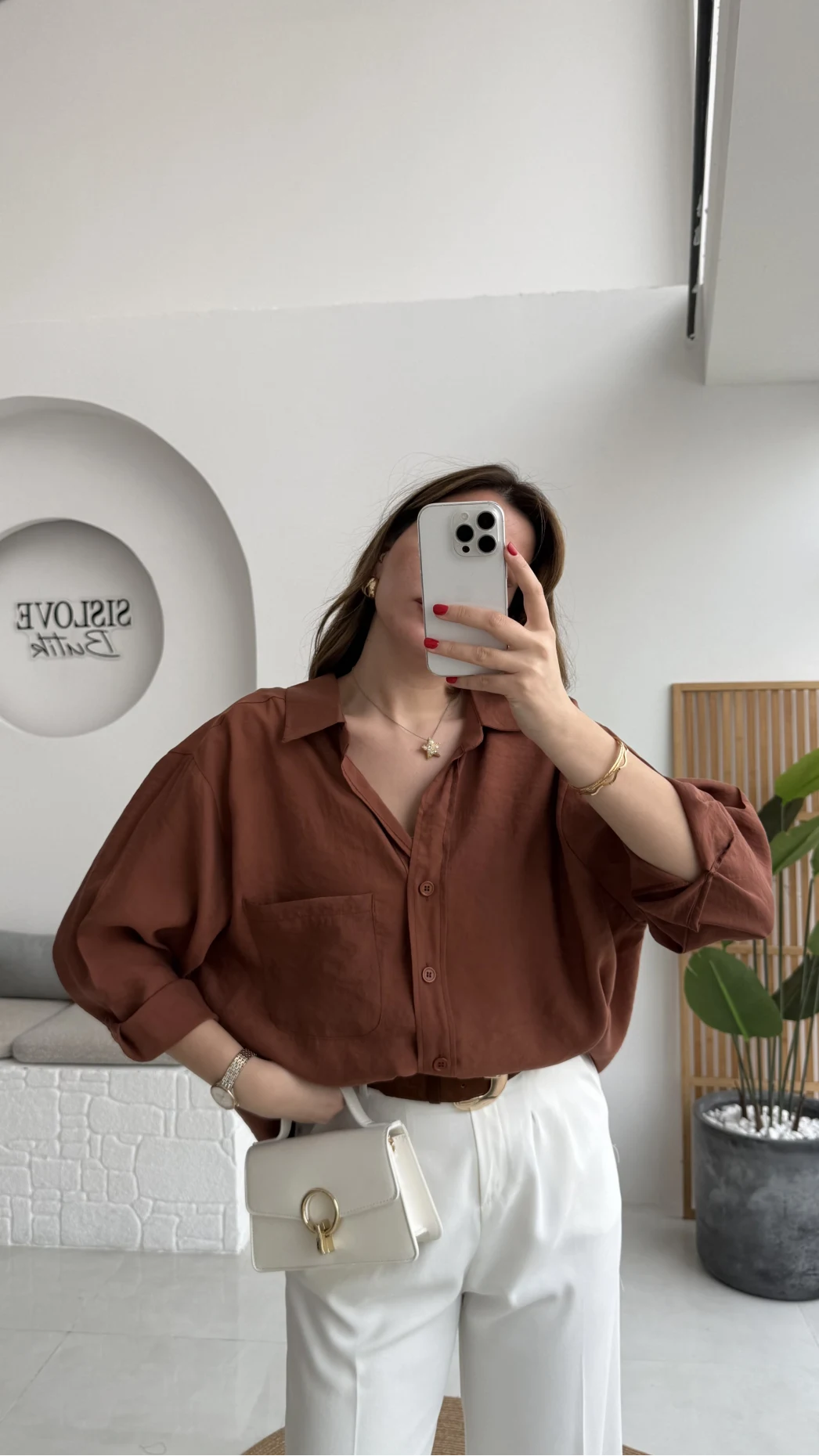 Kızıl Kahve Oversize Tensel Gömlek - Kod: 4612