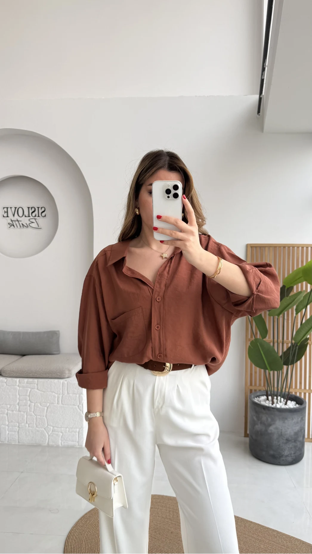 Kızıl Kahve Oversize Tensel Gömlek - Kod: 4612