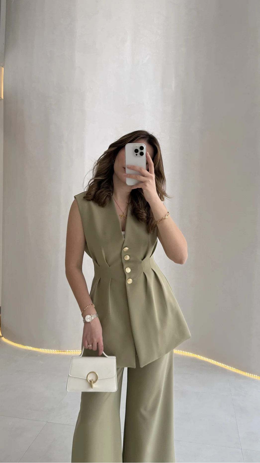 Alira Gold Düğmeli Bel Pile Detaylı Yelek Takım - Mint - Kod: 8011